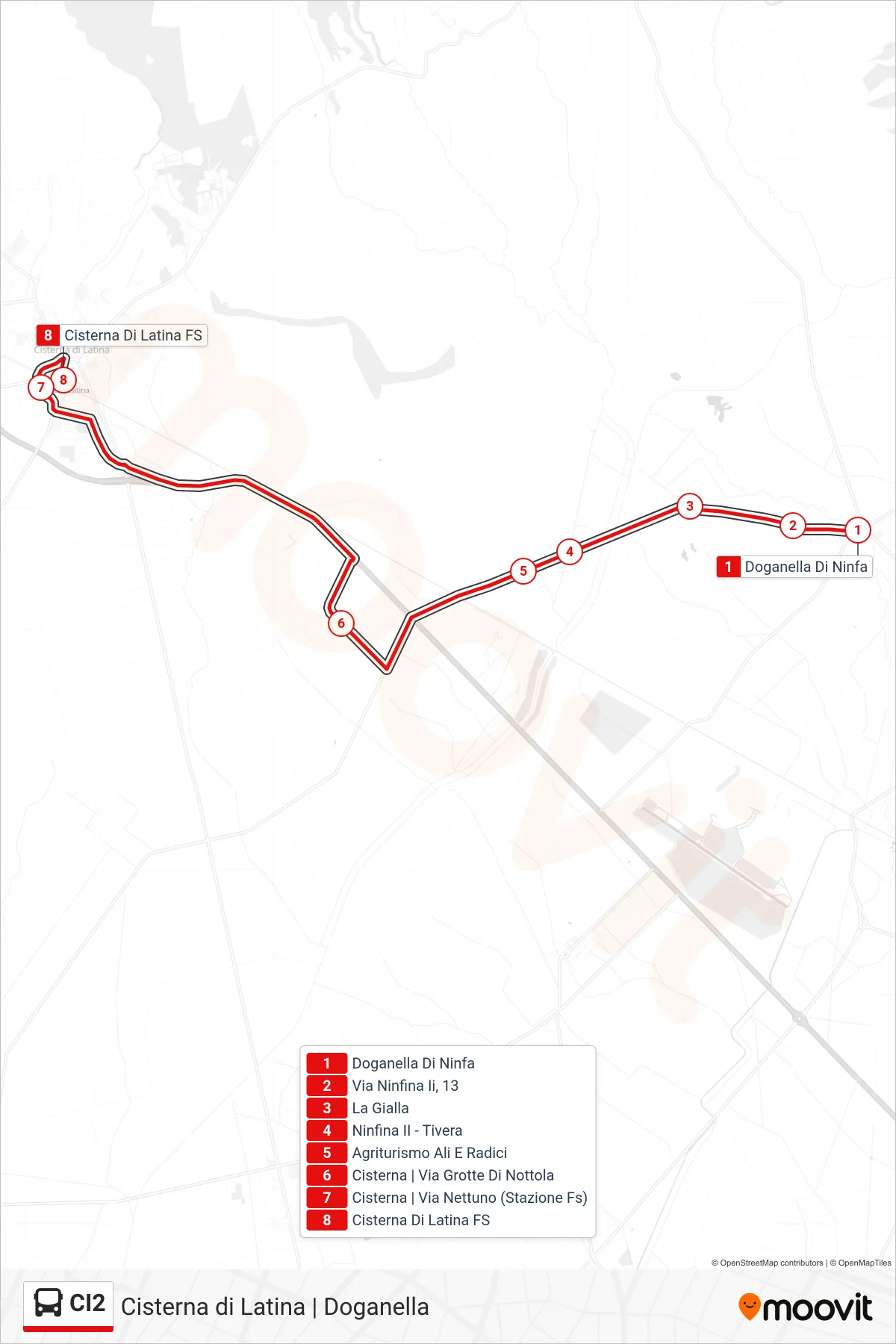 Linea CI2 bus (Cisterna di Latina FS) - Percorsi e fermate sulla mappa