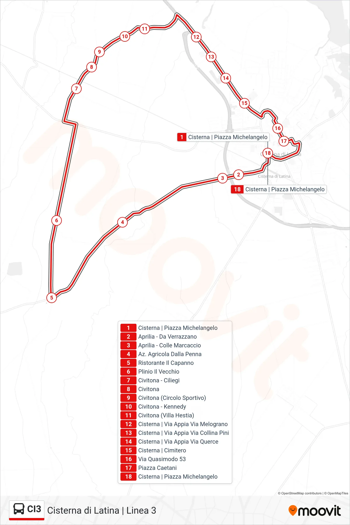 Linea CI3 bus (Cisterna | Corso Della Repubblica) - Percorsi e fermate sulla mappa