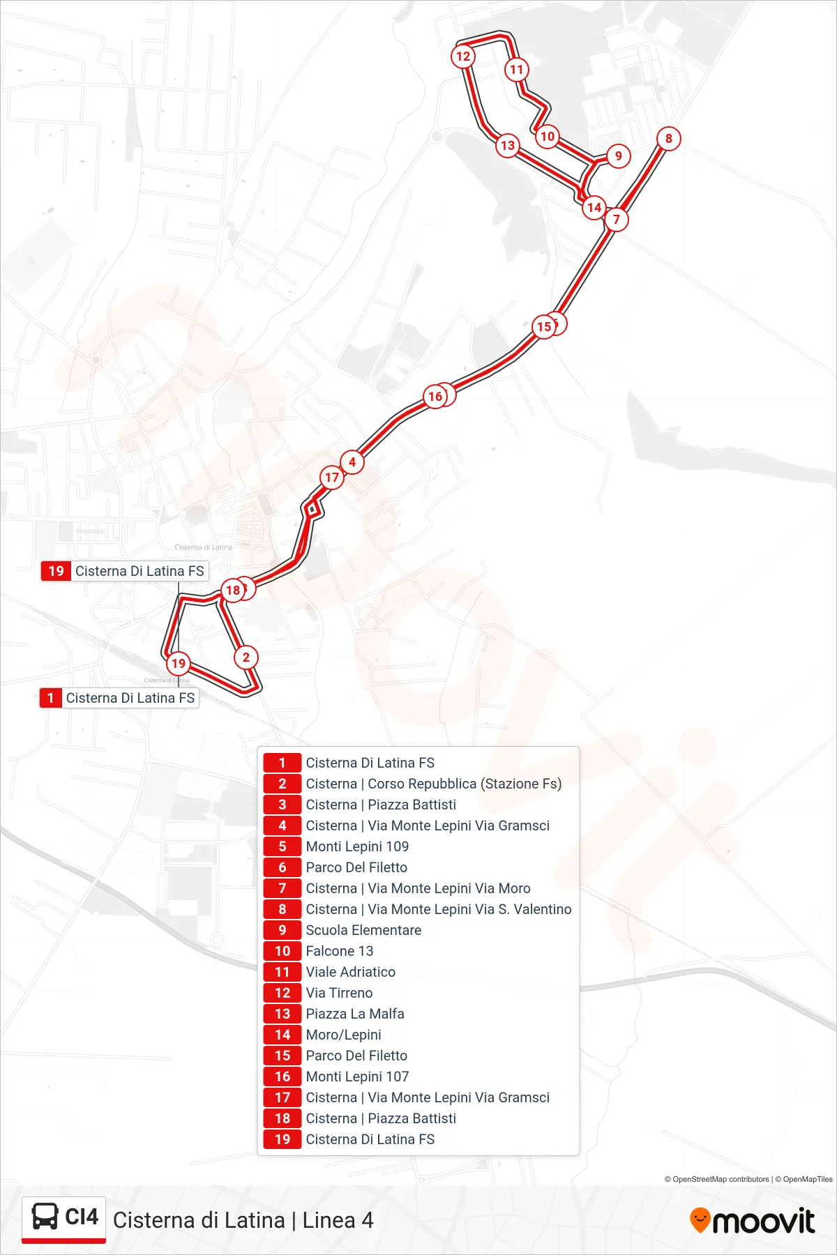Linea CI4 bus (Cisterna di Latina FS) - Percorsi e fermate sulla mappa