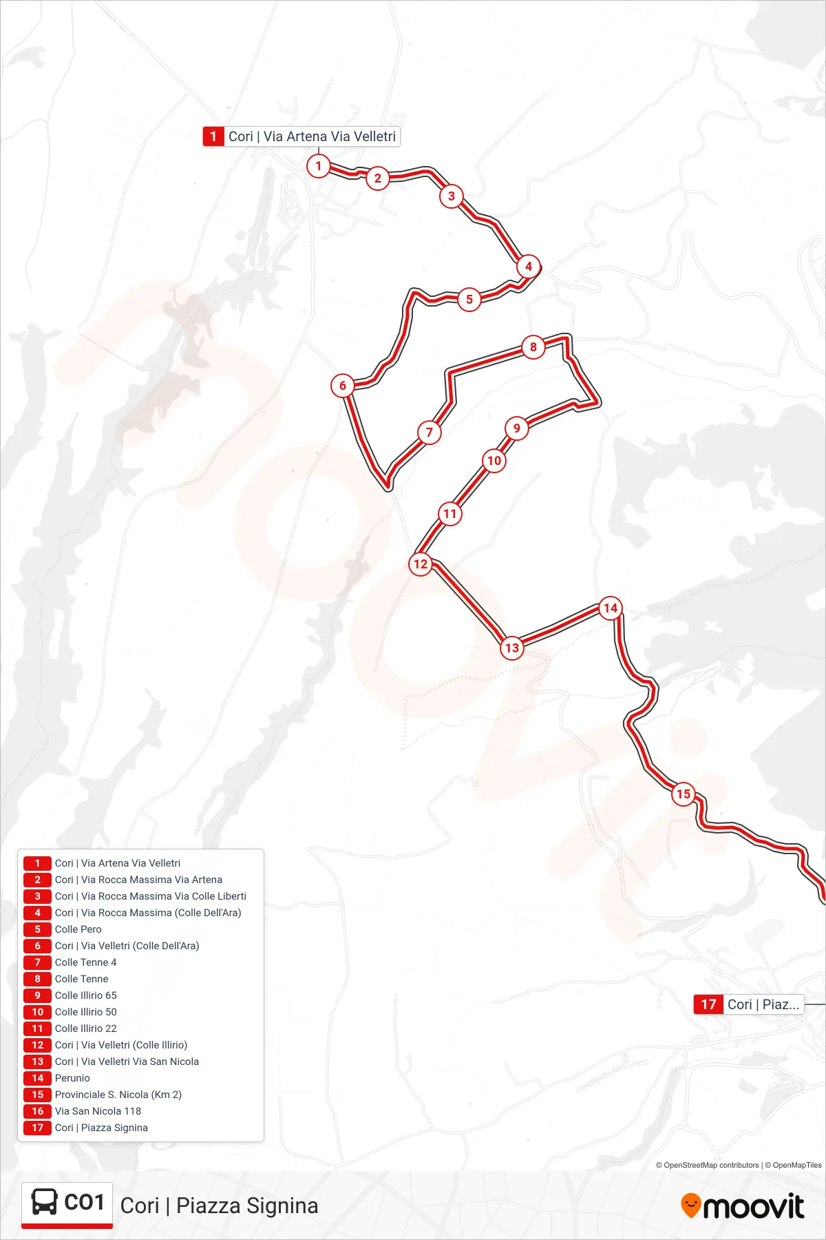 CO1 bus Line (Cori Piazza Signina) route and stops on a map