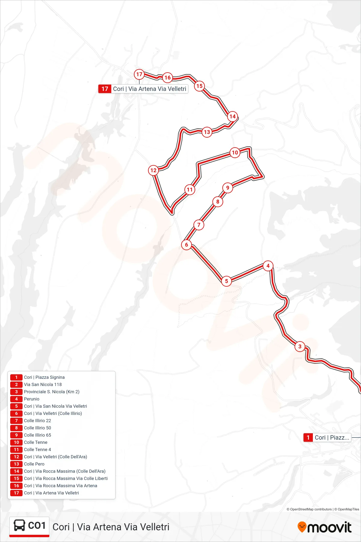 Linea CO1 bus (Cori | Via Artena Via Velletri) - Percorsi e fermate sulla mappa