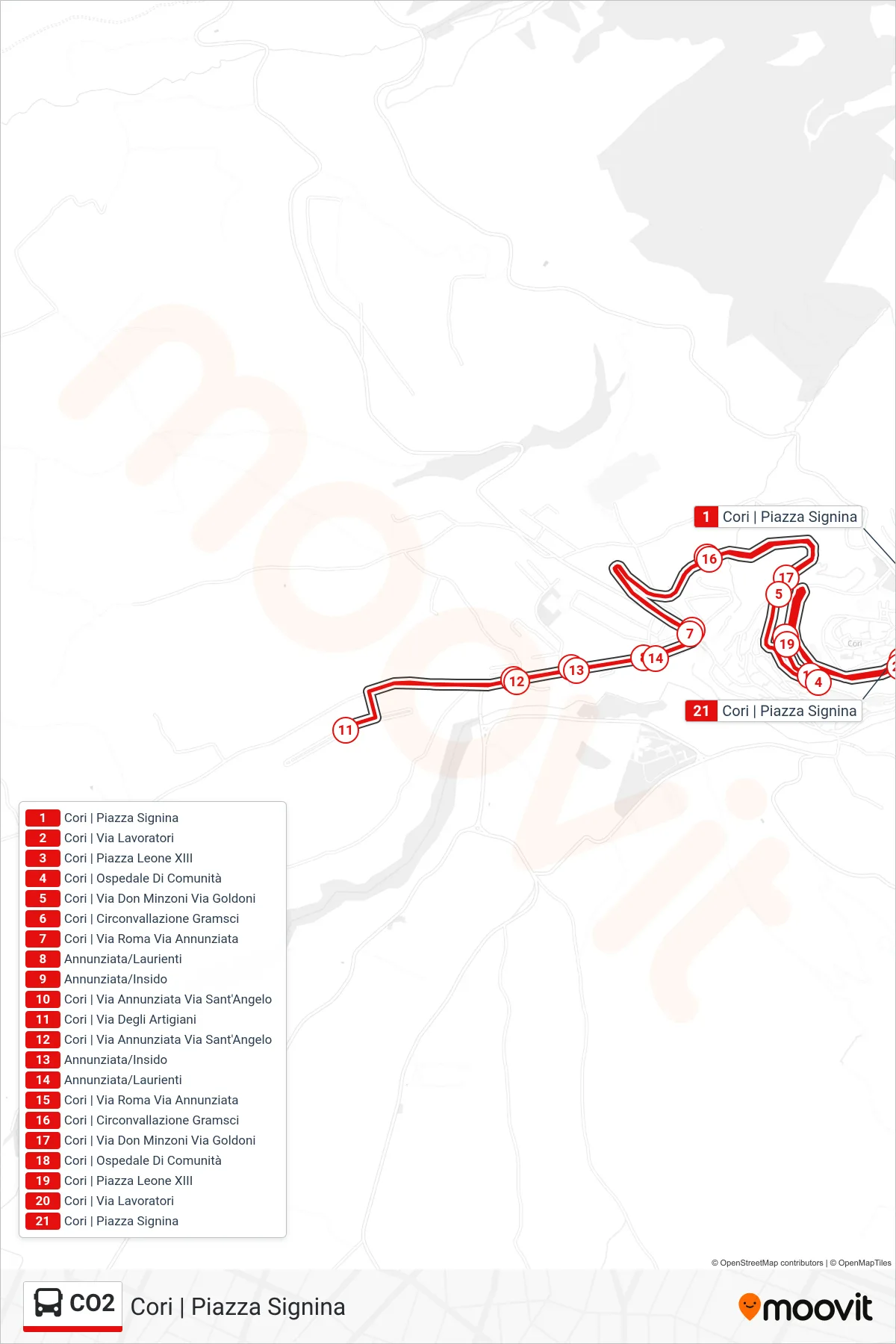 Linea CO2 bus (Cori | Piazza Signina) - Percorsi e fermate sulla mappa
