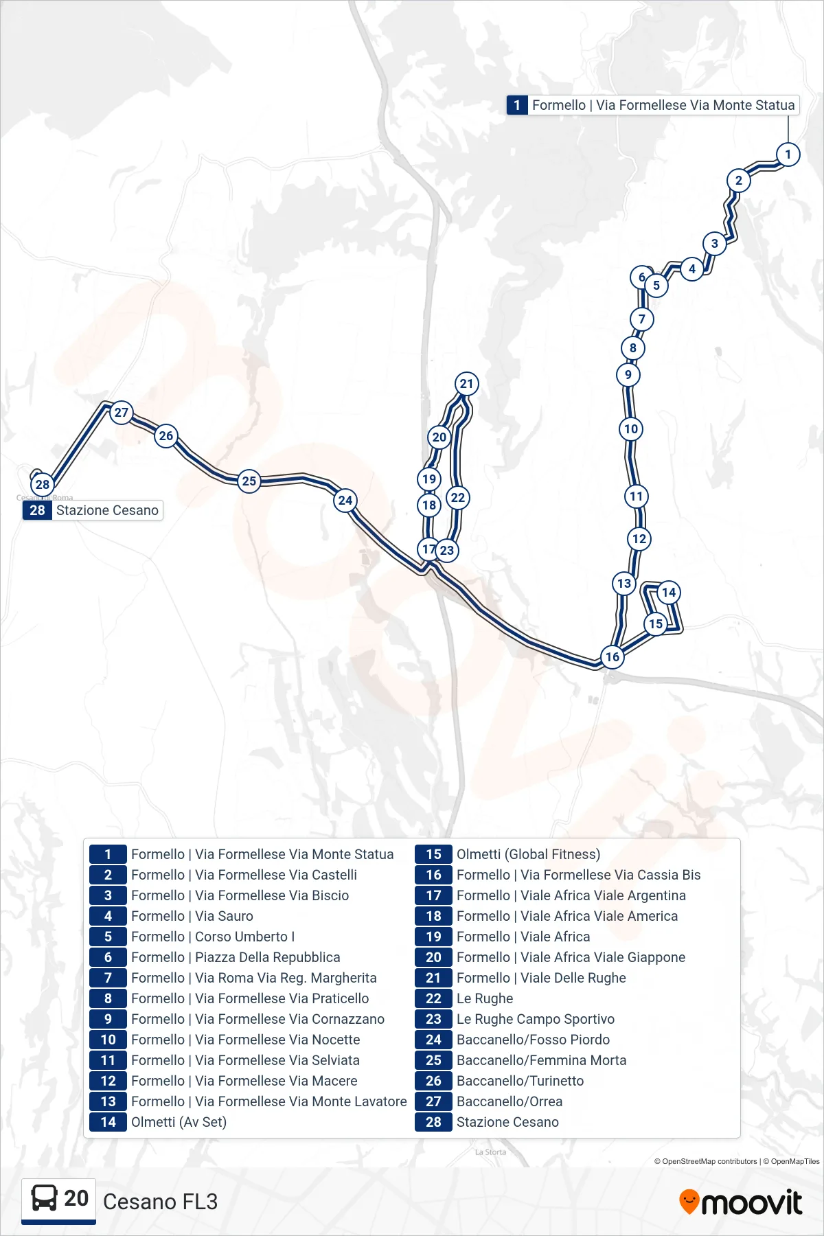 Linea 20 bus (Cesano FL3) - Percorsi e fermate sulla mappa