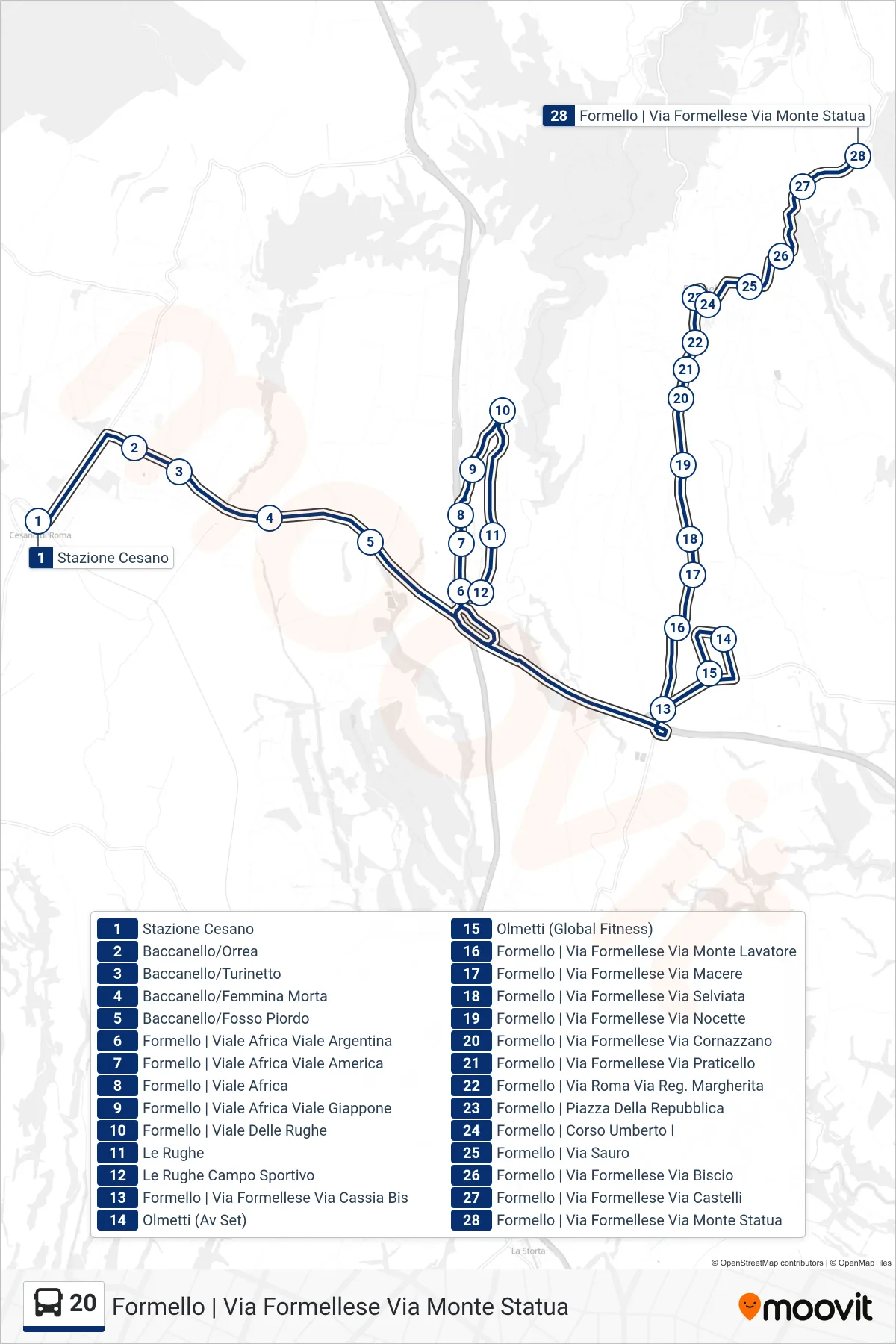 Linea 20 bus (Formello | Via Formellese Via Monte Statua) - Percorsi e fermate sulla mappa