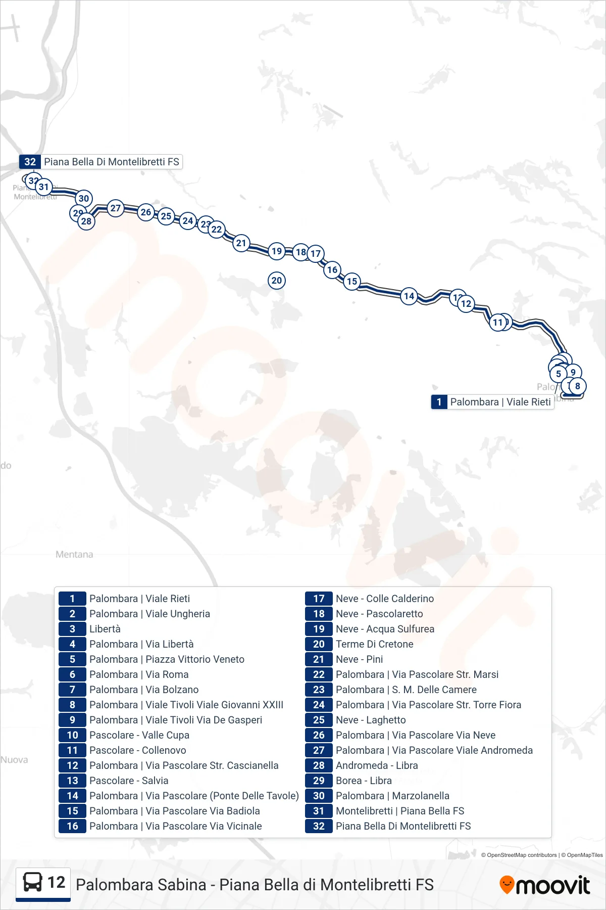 Linea 12 bus (Piana Bella di Montelibretti FS) - Percorsi e fermate sulla mappa
