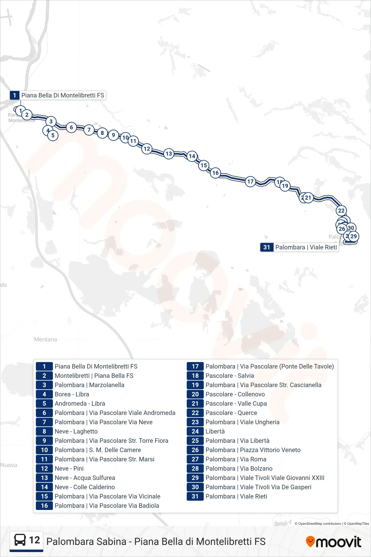 Linea 12 bus (Palombara | Largo Pochetti) - Percorsi e fermate sulla mappa