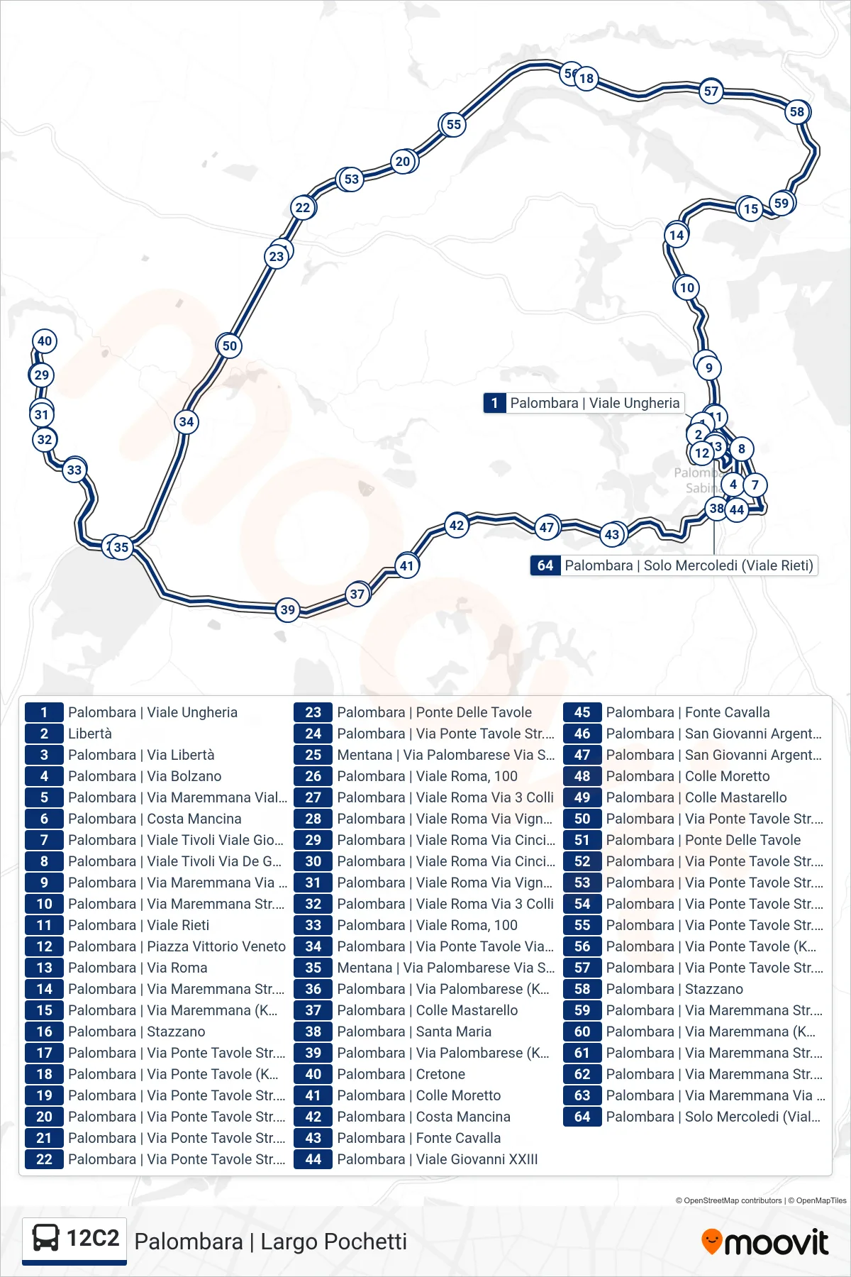 Linea 12C2 bus (Palombara | Largo Pochetti) - Percorsi e fermate sulla mappa