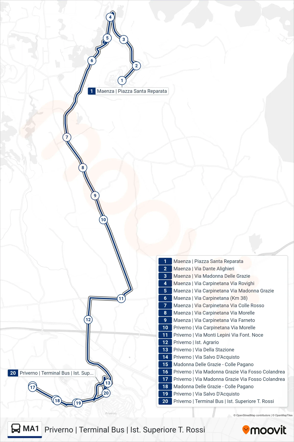 Linea MA1 bus (Priverno | Terminal Bus | Ist. Superiore T. Rossi) - Percorsi e fermate sulla mappa