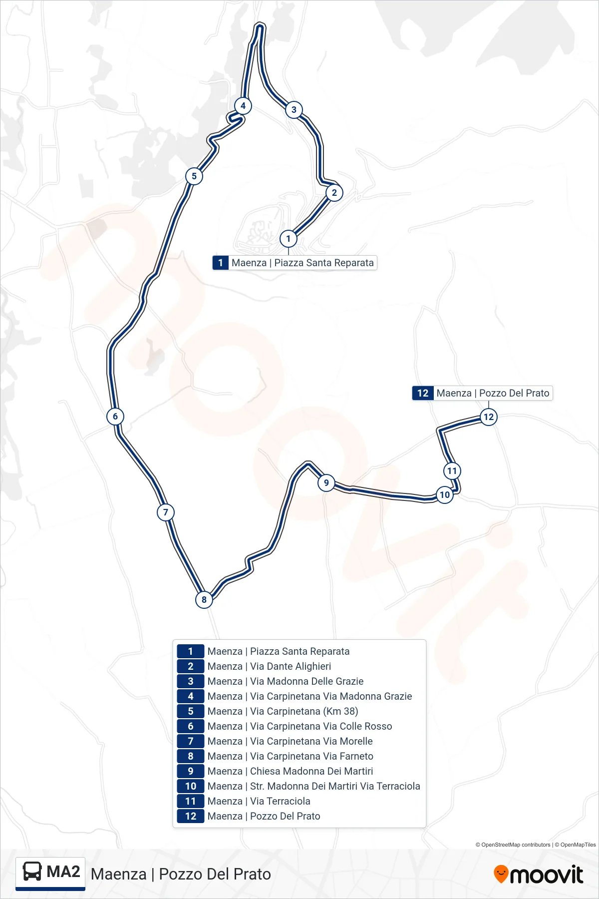 Linea MA2 bus (Maenza | Pozzo Del Prato) - Percorsi e fermate sulla mappa
