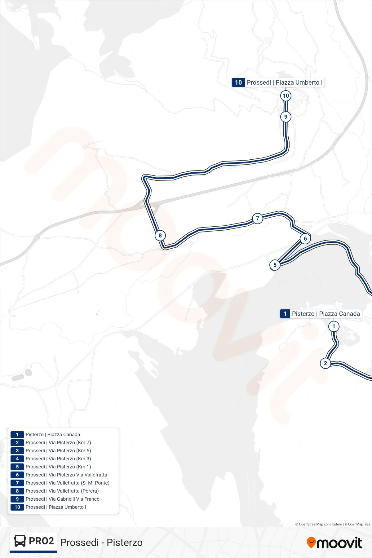 Linea PRO2 bus (Prossedi | Piazza Umberto I) - Percorsi e fermate sulla mappa