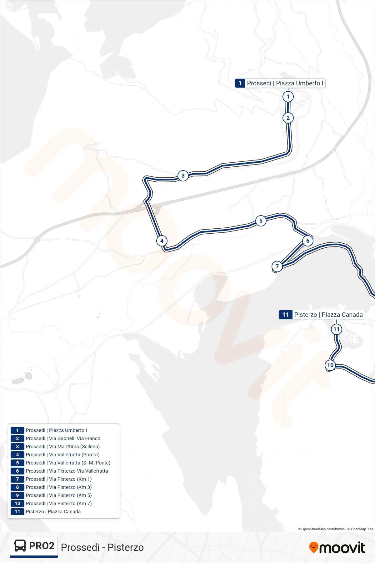 Linea PRO2 bus (Pisterzo | Piazza Canada) - Percorsi e fermate sulla mappa