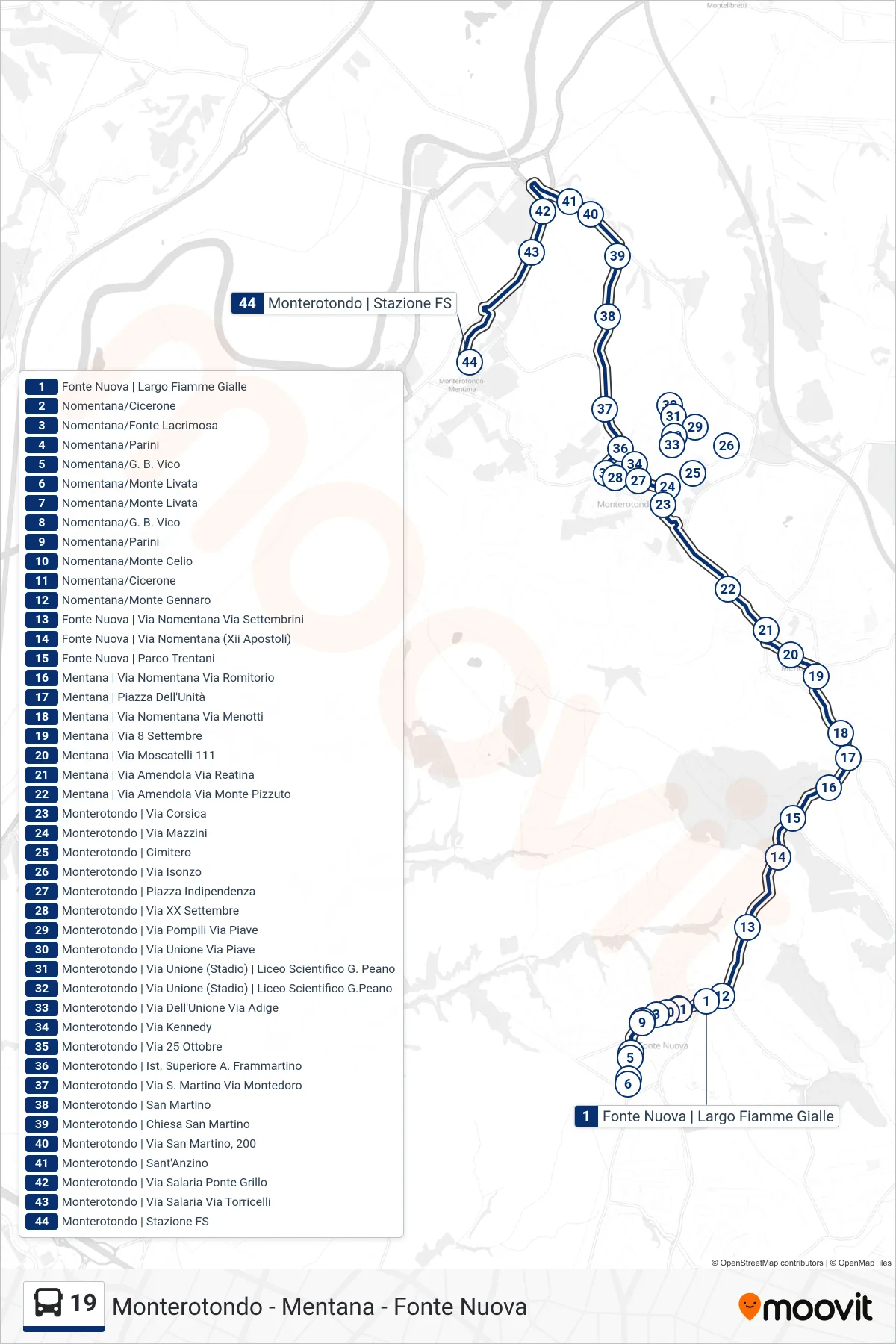 19 bus Line (Monterotondo Station) route and stops on a map