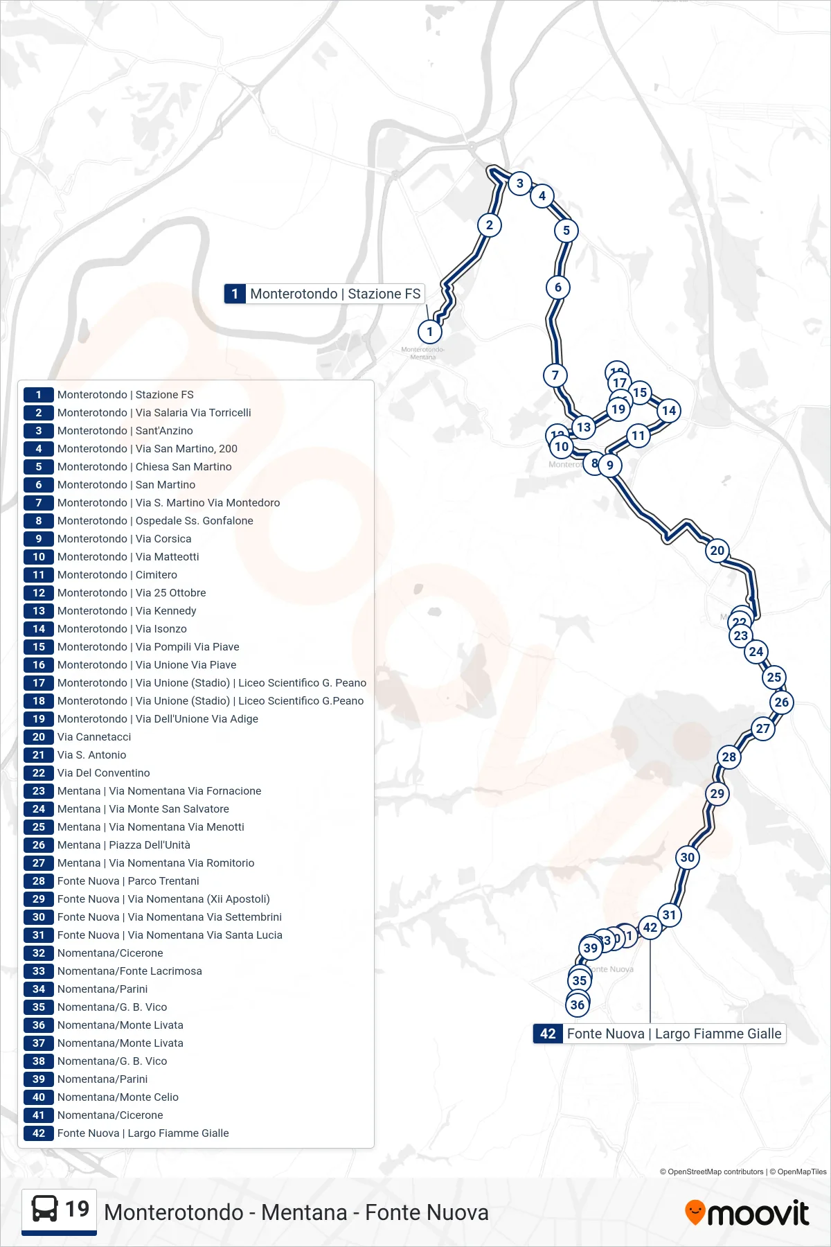 19 bus Line (Fonte Nuova | Largo Fiamme Gialle) route and stops on a map