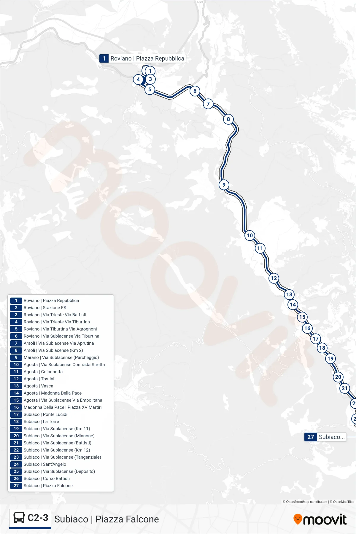Linea C2-3 bus (Subiaco | Piazza Falcone) - Percorsi e fermate sulla mappa