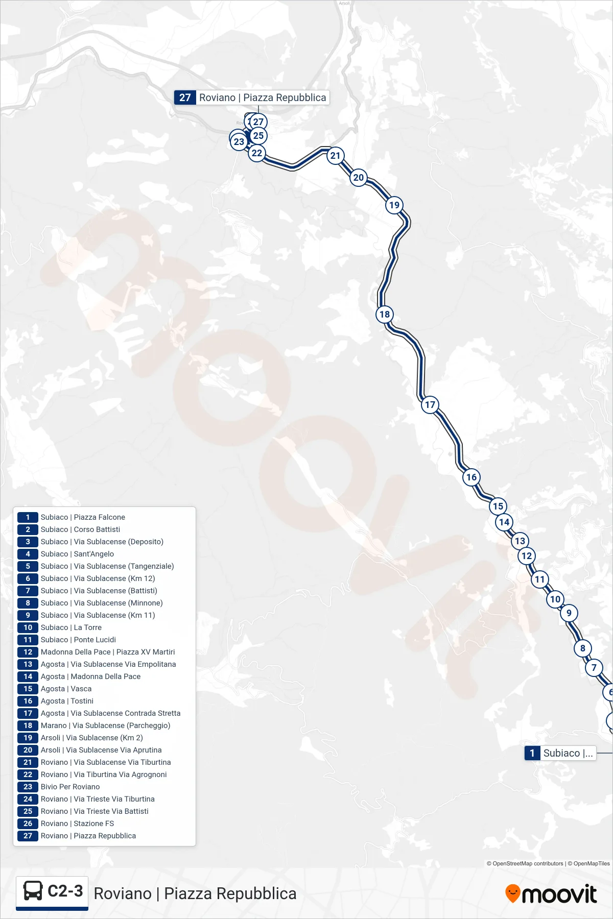 C2-3 bus Line (Roviano via Piazza Repubblica) route and stops on a map