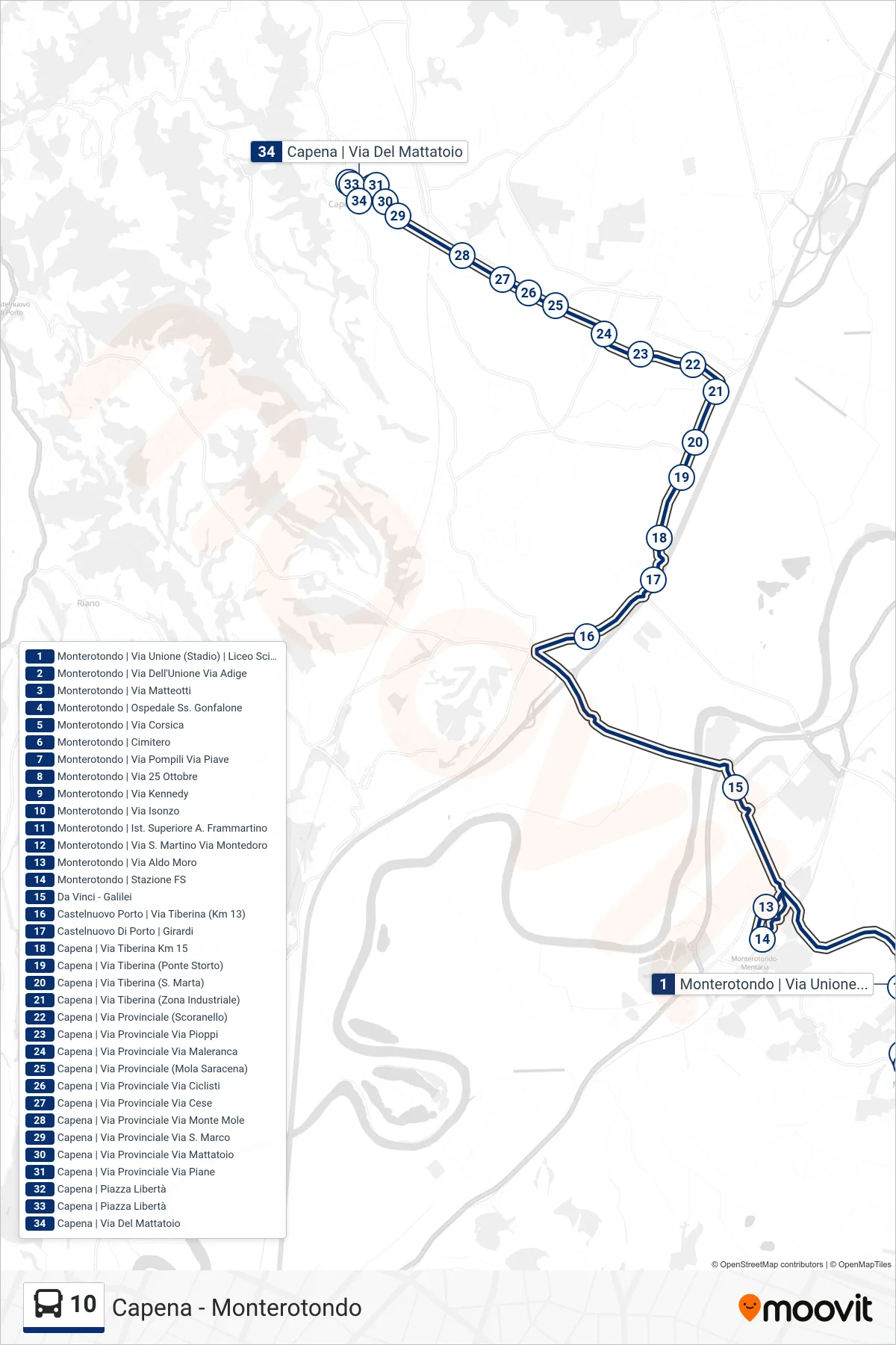Linea 10 bus (Capena | Via Del Mattatoio) - Percorsi e fermate sulla mappa