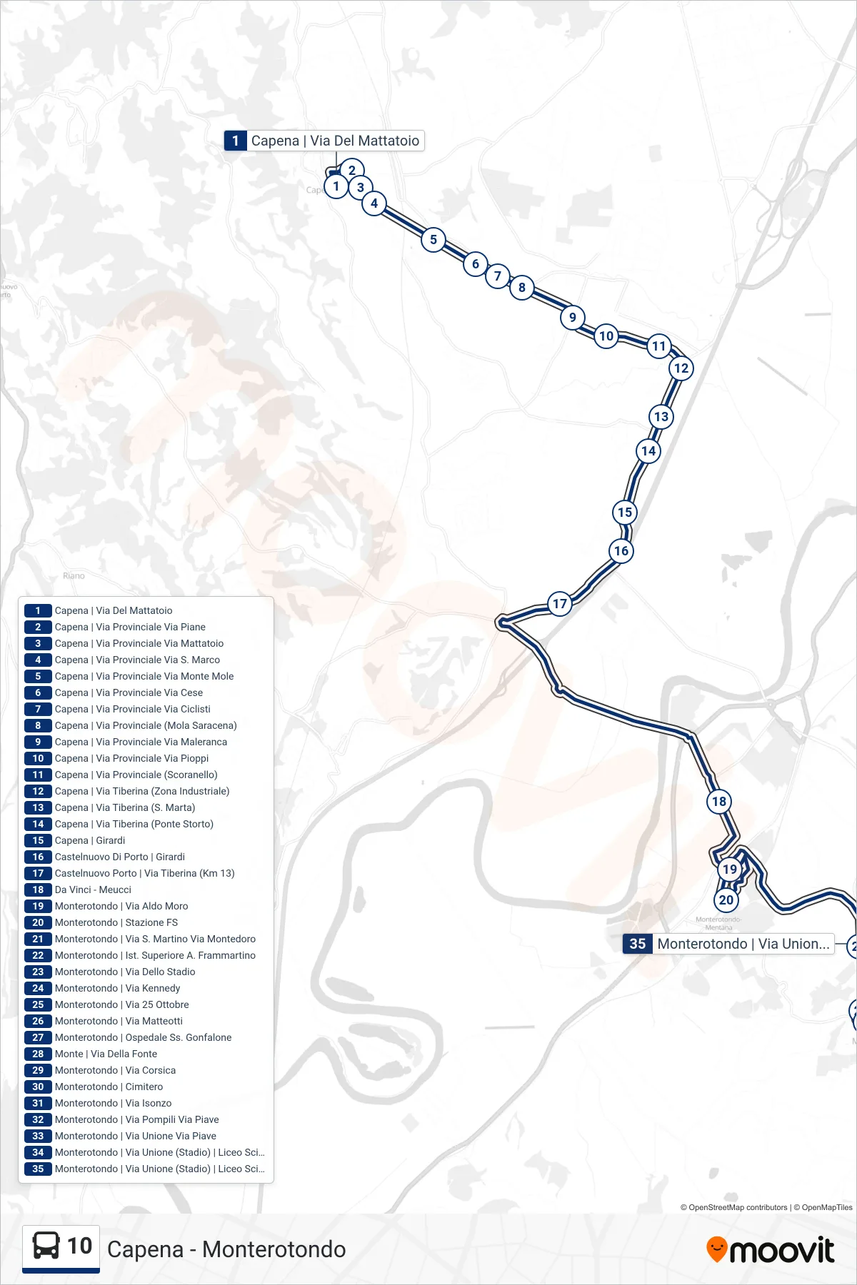 10 bus Line (Monterotondo Via Unione (Stadium) G.Peano Scientific High School) route and stops on a map