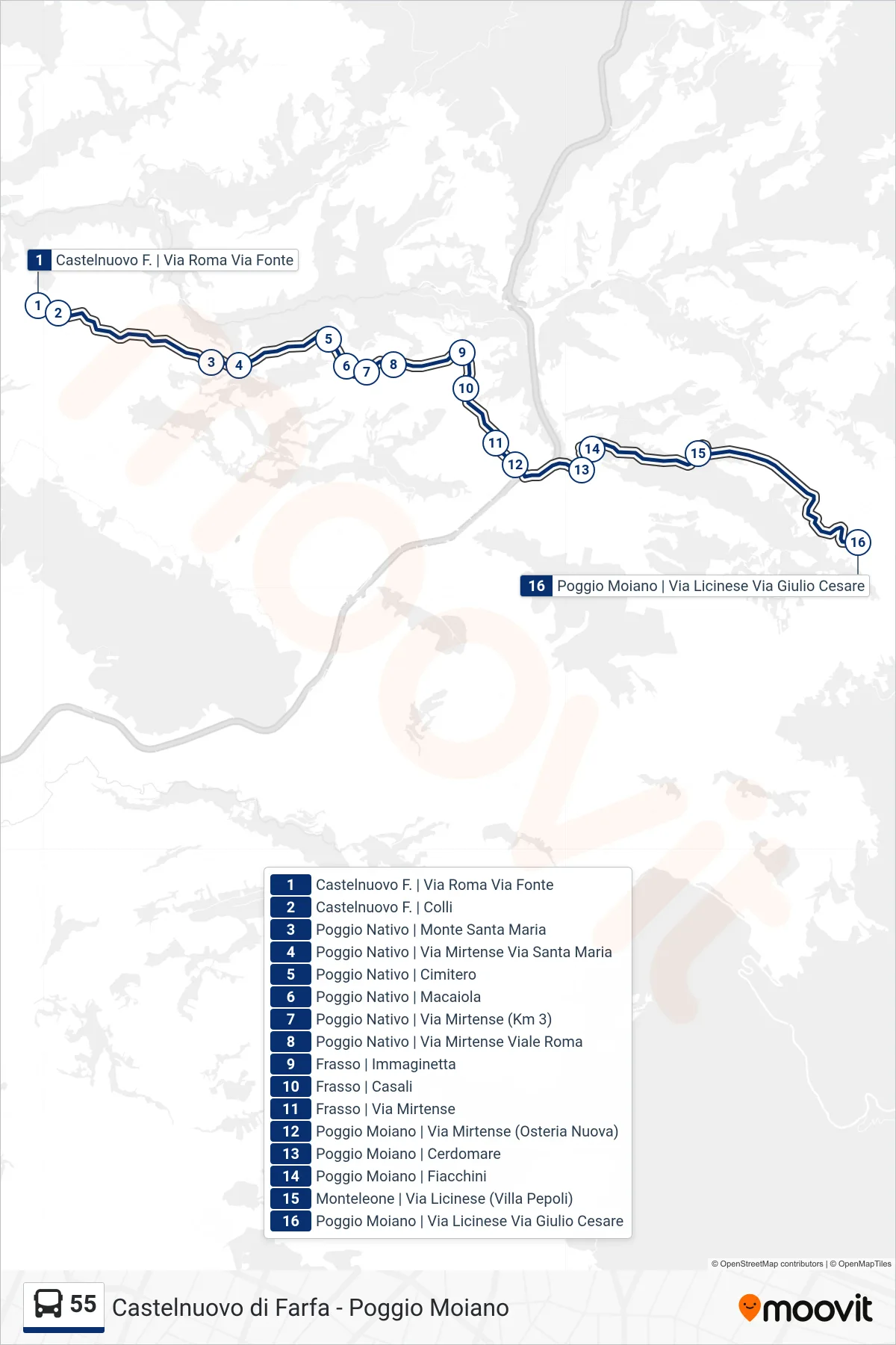 55 bus Line (Poggio Moiano | Licinese Street Julius Caesar Street) route and stops on a map