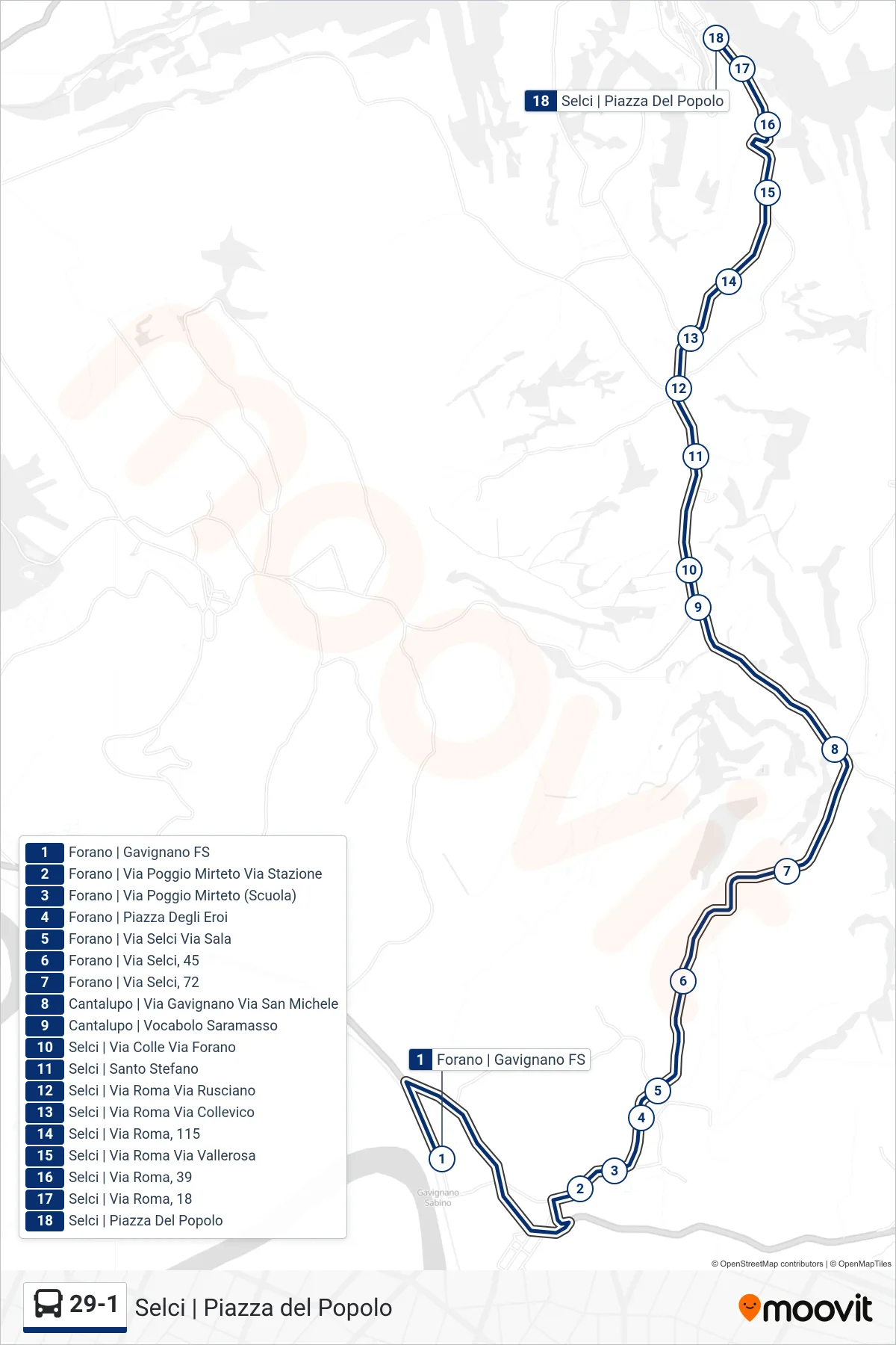29-1 bus Line (Selci | Piazza del Popolo) route and stops on a map