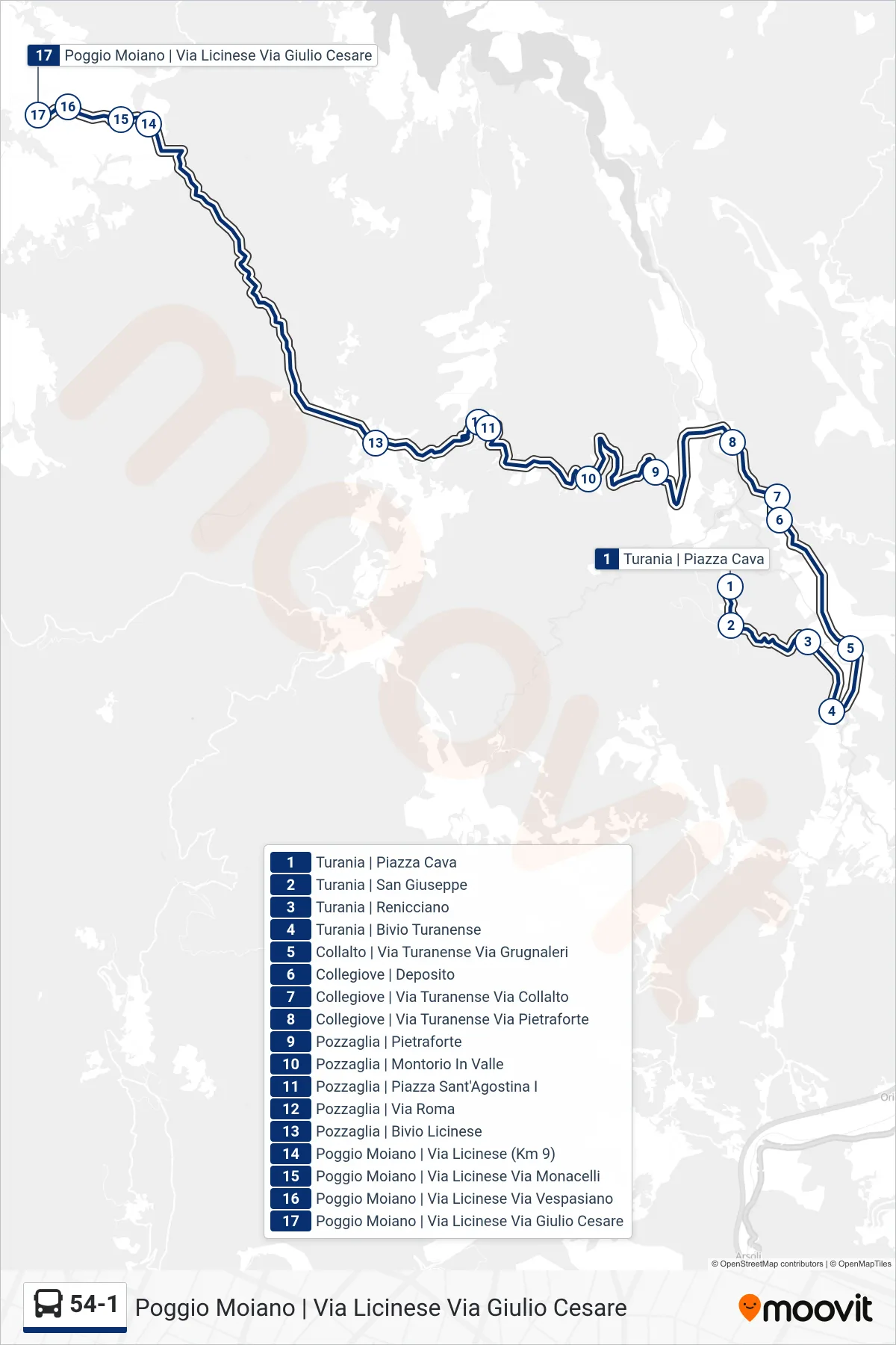 54-1 bus Line (Poggio Moiano | Licinese Street Julius Caesar Street) route and stops on a map