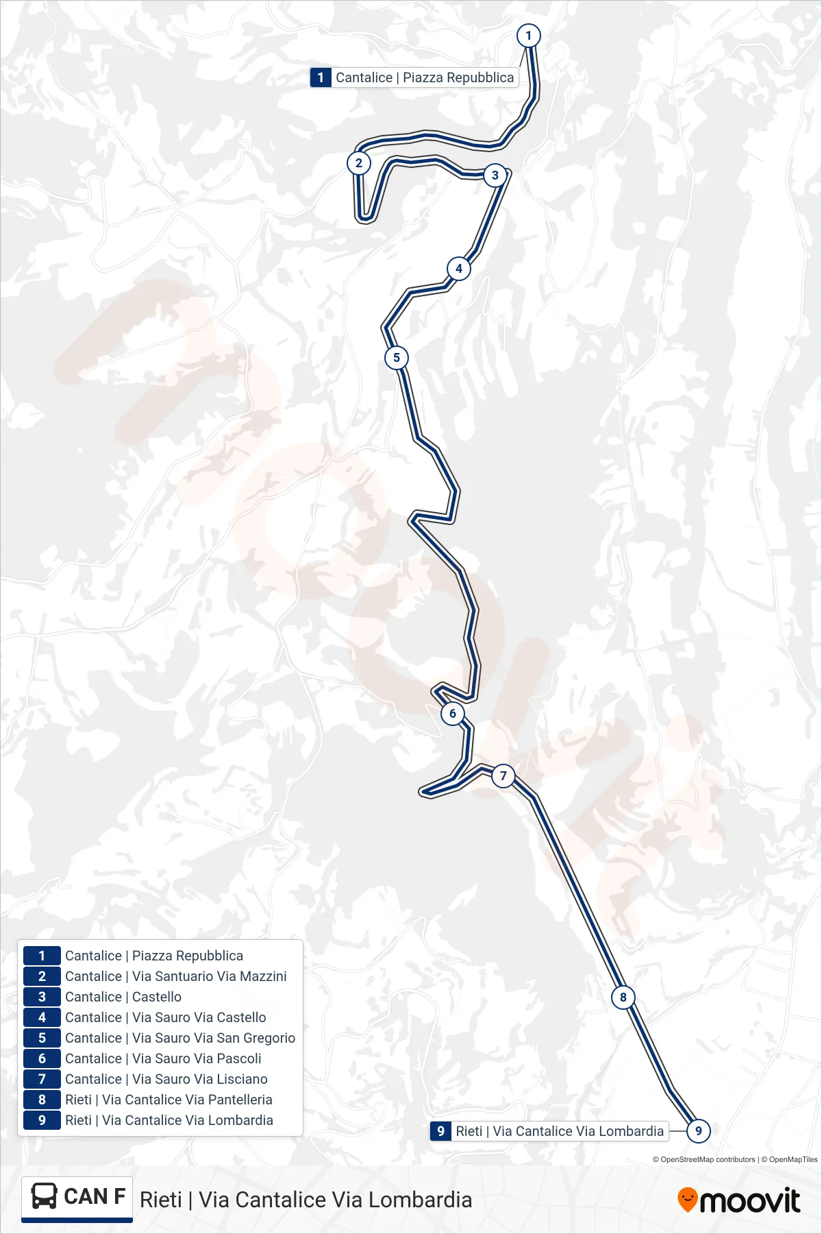 Linea CAN F bus (Rieti | Via Cantalice Via Lombardia) - Percorsi e fermate sulla mappa