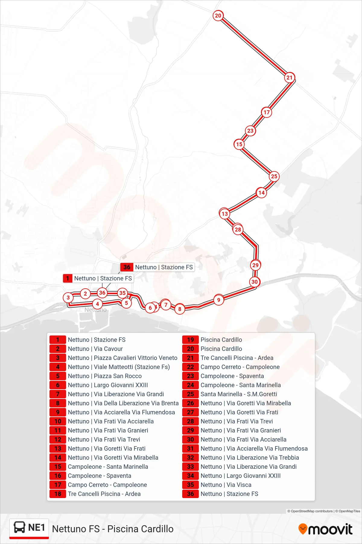 Linea NE1 bus (Piscina Cardillo - Nettuno FS) - Percorsi e fermate sulla mappa