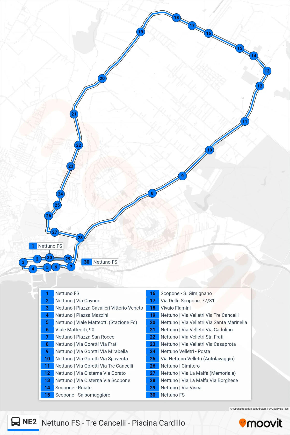 Linea NE2  bus (Tre Cancelli - Piscina Cardillo - Nettuno FS) - Percorsi e fermate sulla mappa