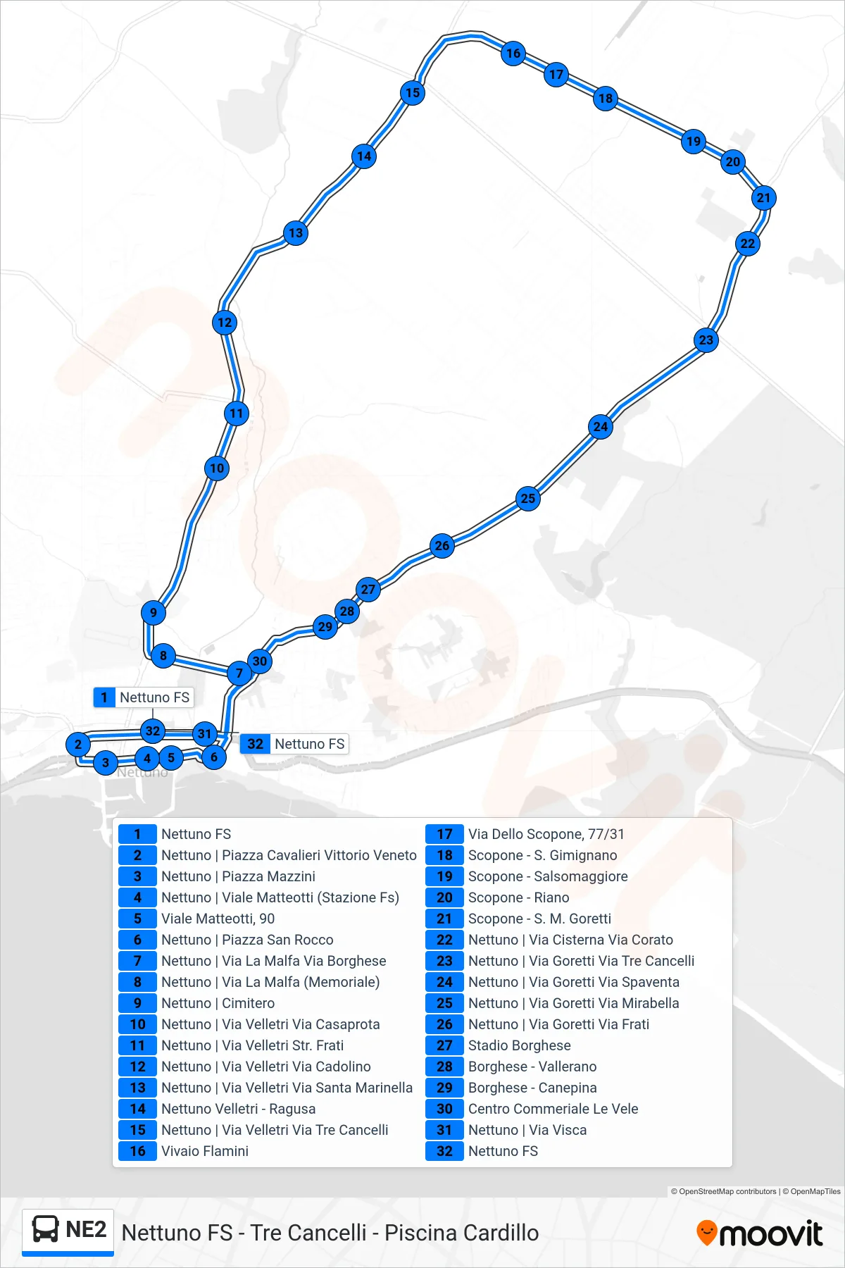 Linea NE2 bus (Piscina Cardillo - Tre Cancelli - Nettuno FS) - Percorsi e fermate sulla mappa