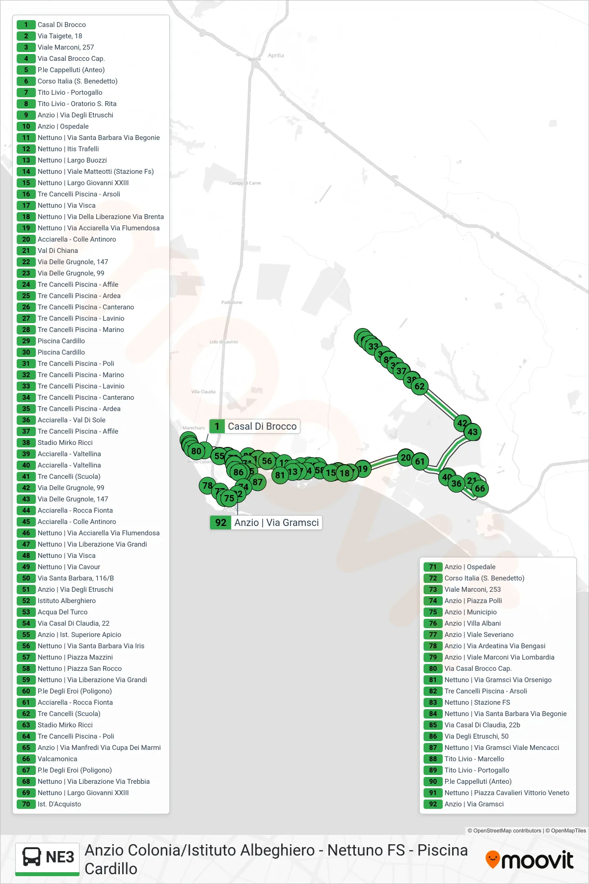 Linea NE3 bus (Anzio Colonia) - Percorsi e fermate sulla mappa