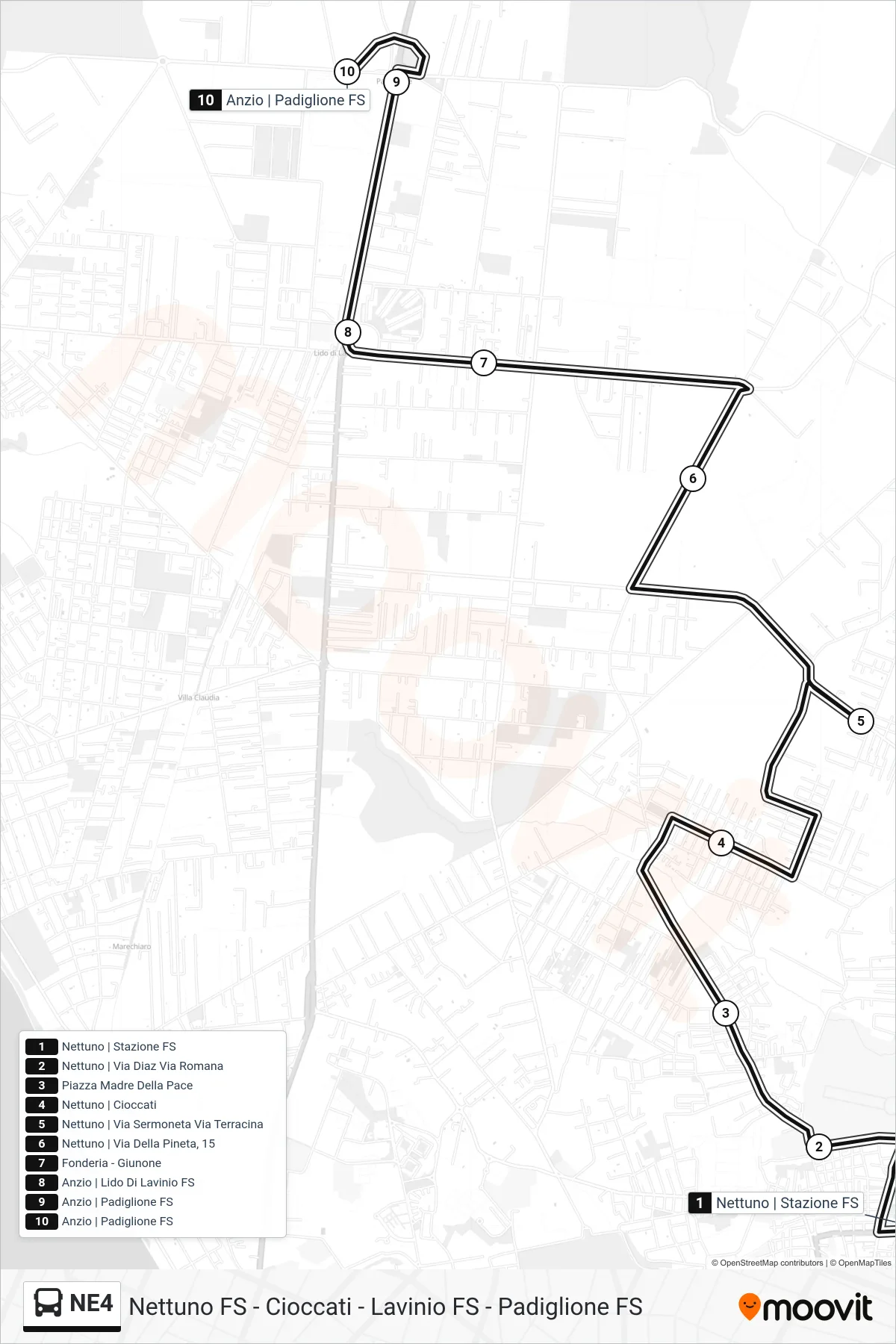 Linea NE4 bus (Padiglione FS) - Percorsi e fermate sulla mappa