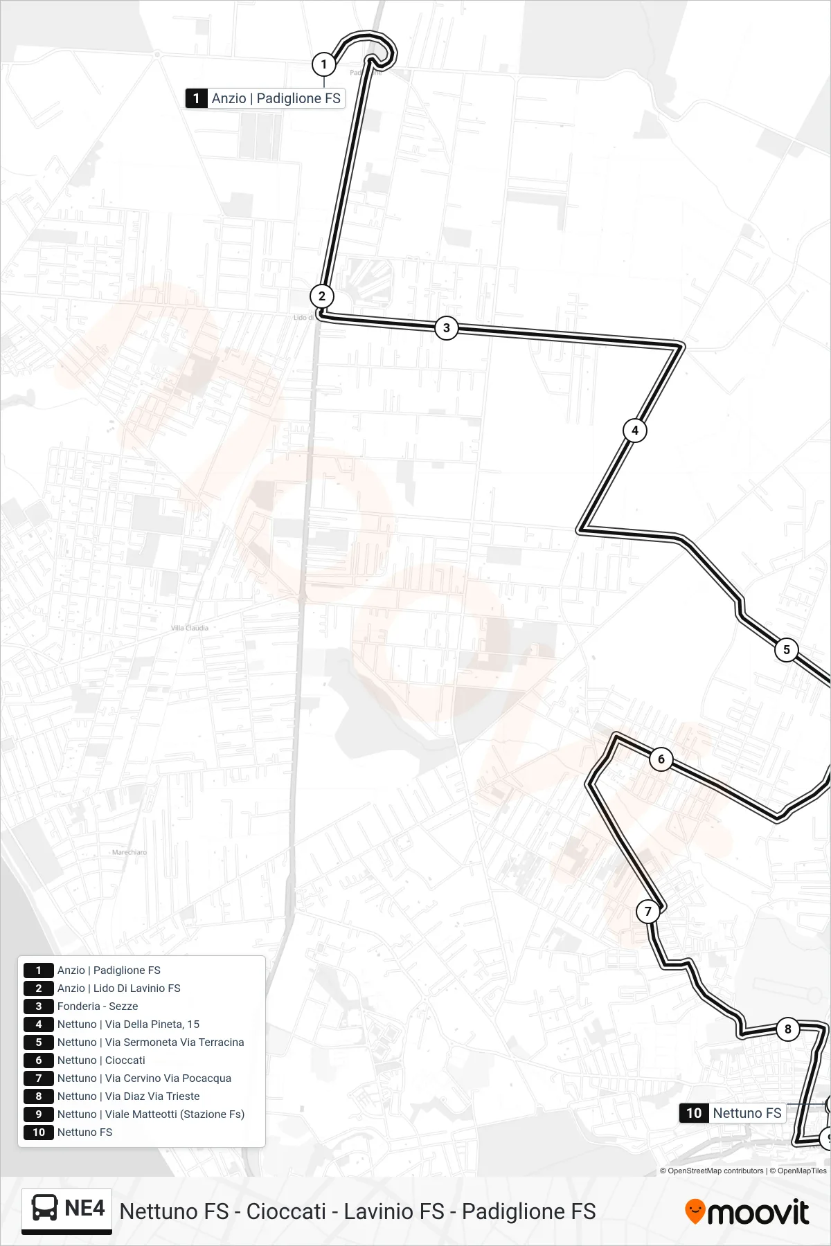 Linea NE4  bus (Nettuno FS) - Percorsi e fermate sulla mappa