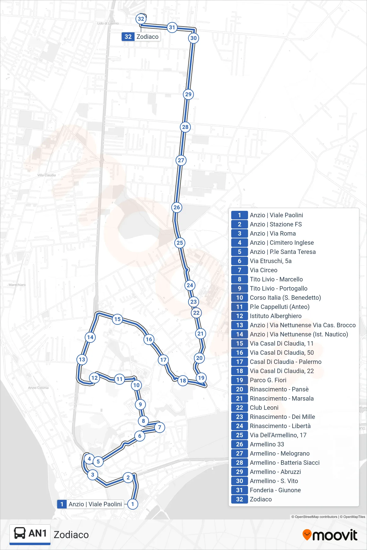 Linea AN1 bus (Zodiaco) - Percorsi e fermate sulla mappa