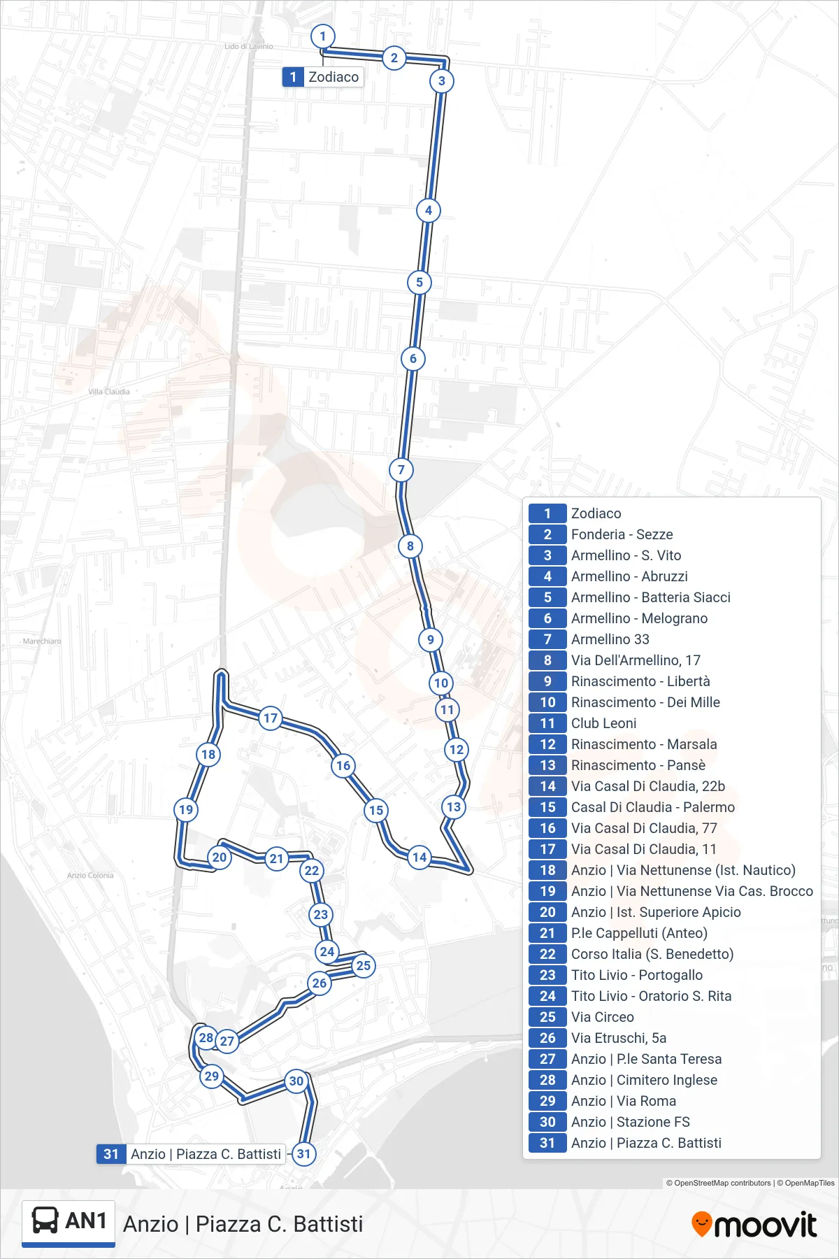 AN1 bus Line (Anzio Piazza C. Battisti) route and stops on a map