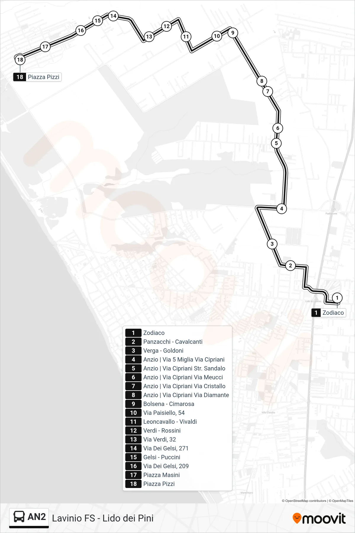 Linea AN2 bus (Lido dei Pini) - Percorsi e fermate sulla mappa