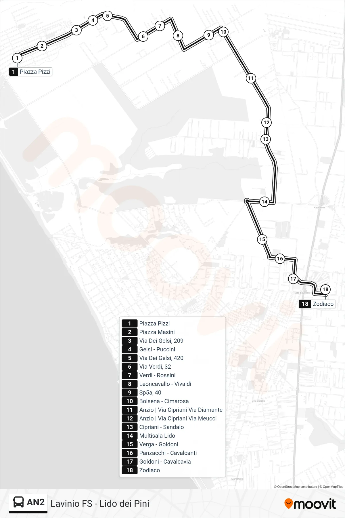 Linea AN2 bus (Zodiaco) - Percorsi e fermate sulla mappa