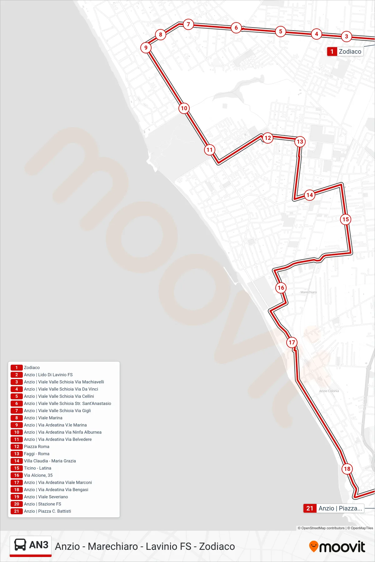 Linea AN3 bus (Anzio | Piazza C. Battisti) - Percorsi e fermate sulla mappa