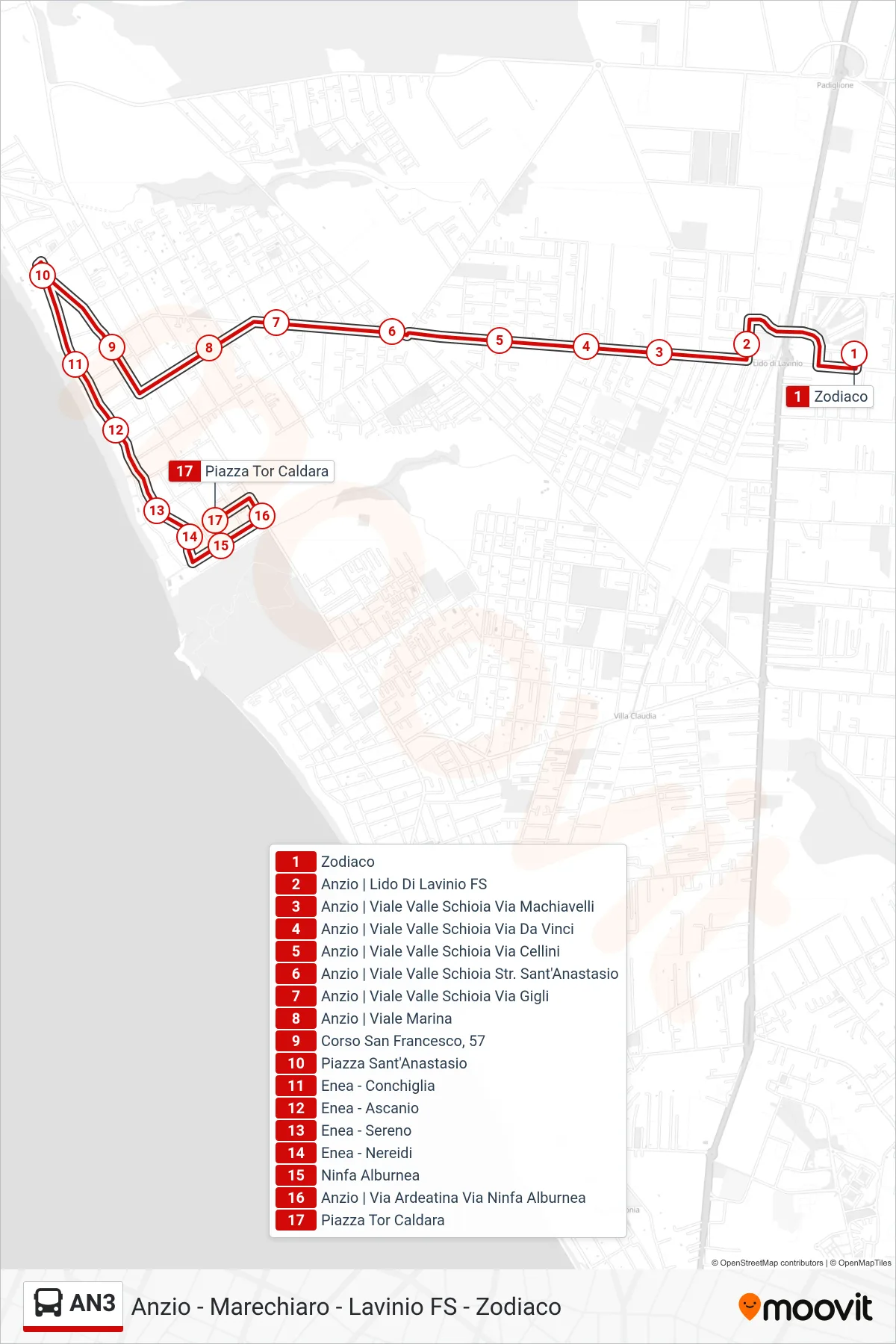 Linea AN3 bus (Piazza Tor Caldara) - Percorsi e fermate sulla mappa