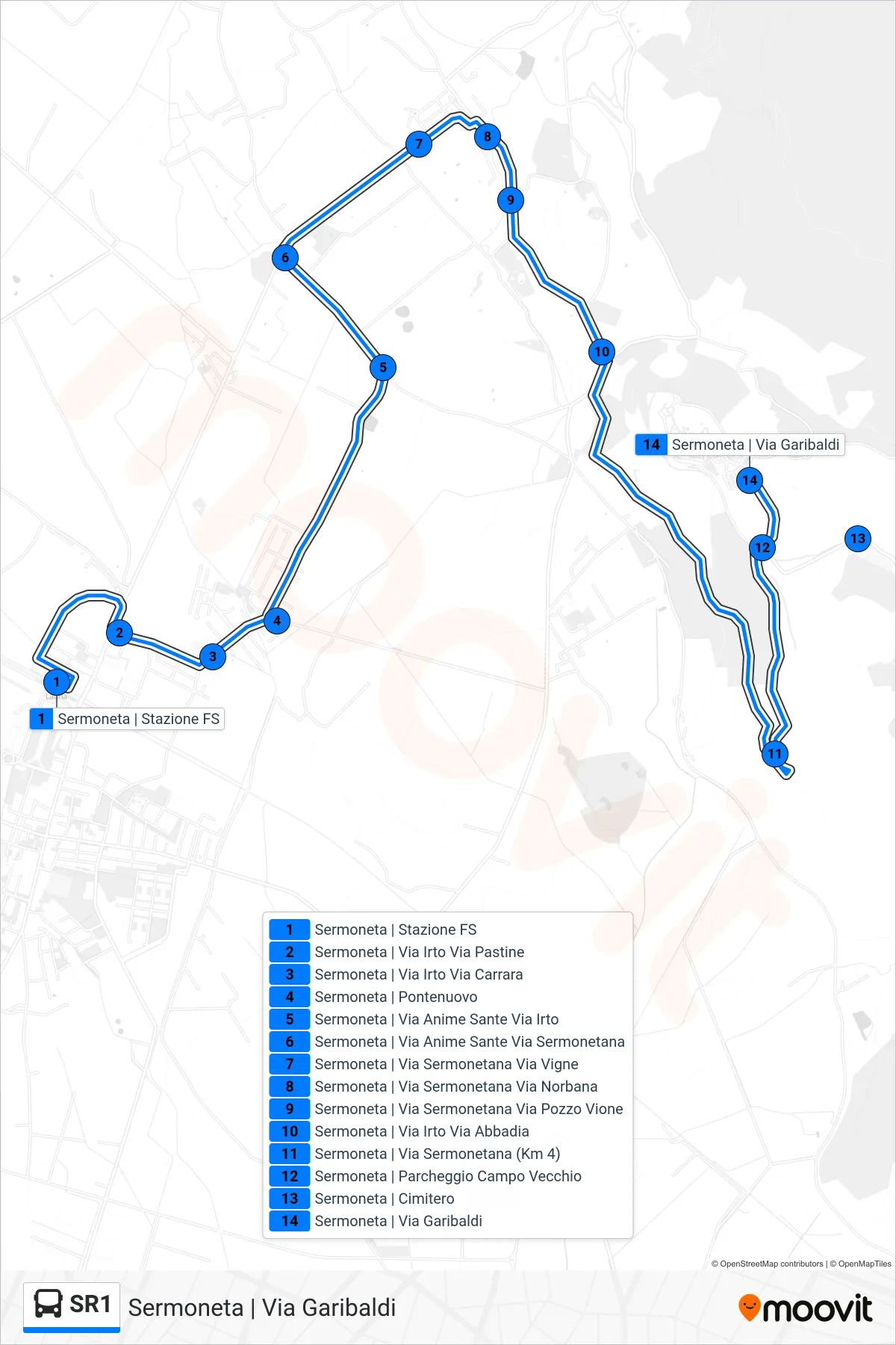 Linea SR1 bus (Sermoneta | Via Garibaldi) - Percorsi e fermate sulla mappa