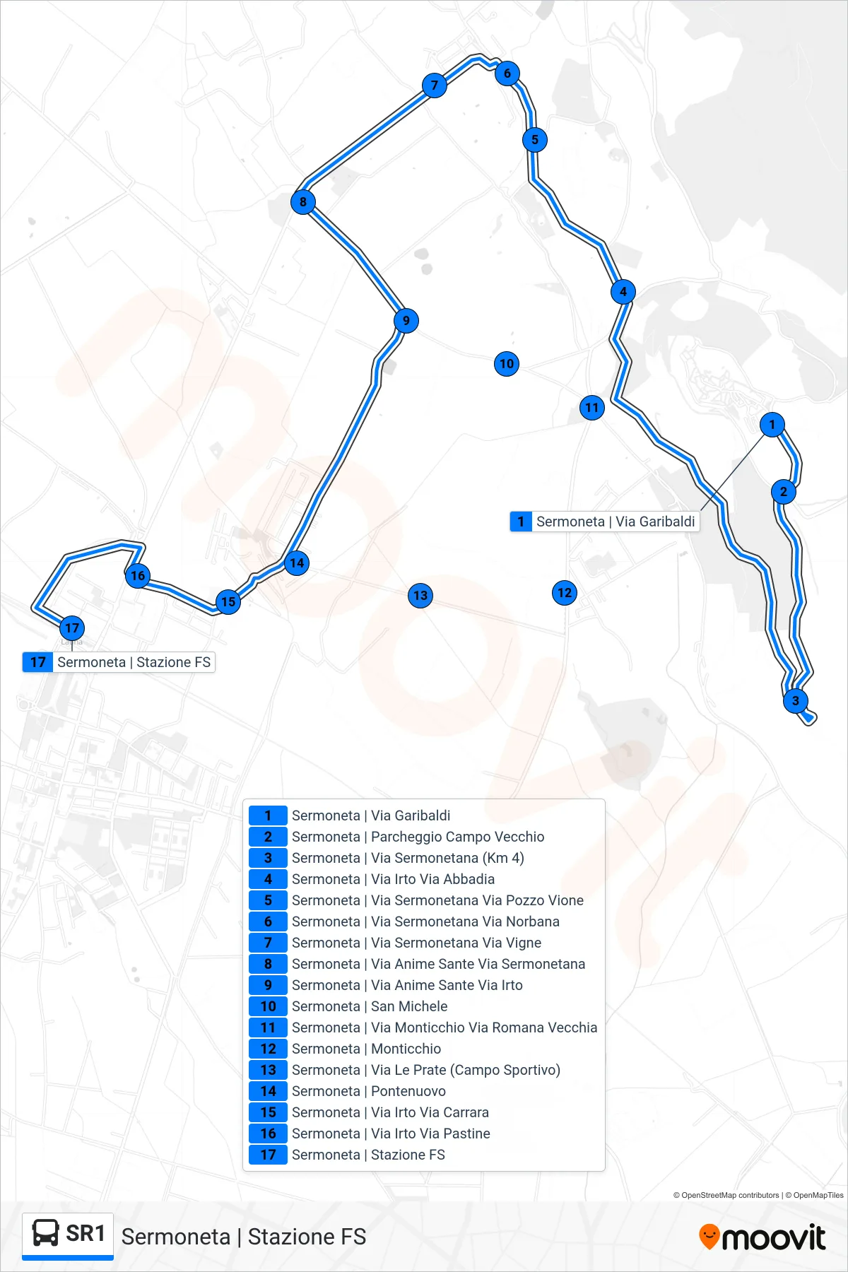 SR1 bus Line (Sermoneta | Railway Station) route and stops on a map