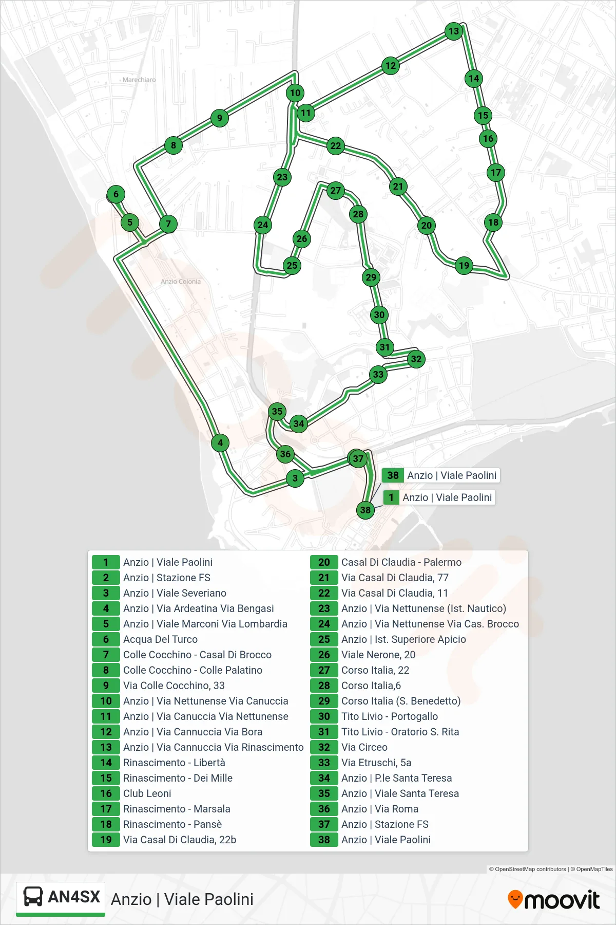 Linea AN4SX bus (Anzio | Viale Paolini) - Percorsi e fermate sulla mappa