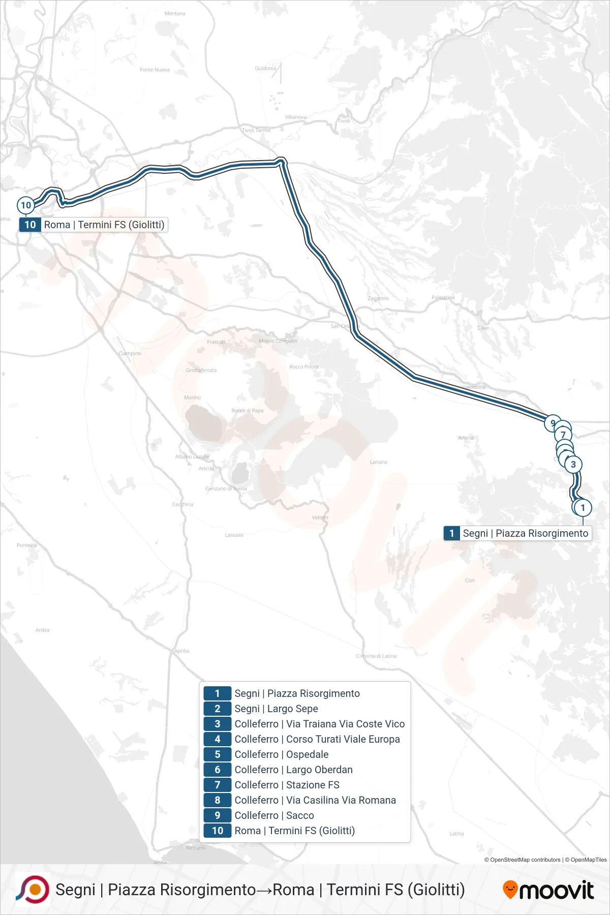 Linea COTRAL bus (Segni | Piazza Risorgimento→Roma | Termini FS (Giolitti)) - Percorsi e fermate sulla mappa