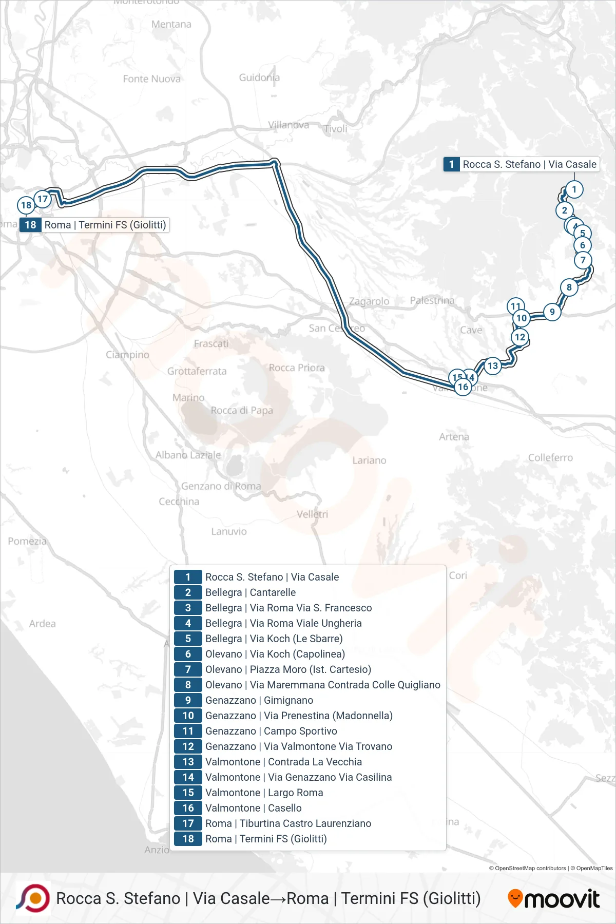 Linea COTRAL bus (Rocca S. Stefano | Via Casale→Roma | Termini FS (Giolitti)) - Percorsi e fermate sulla mappa