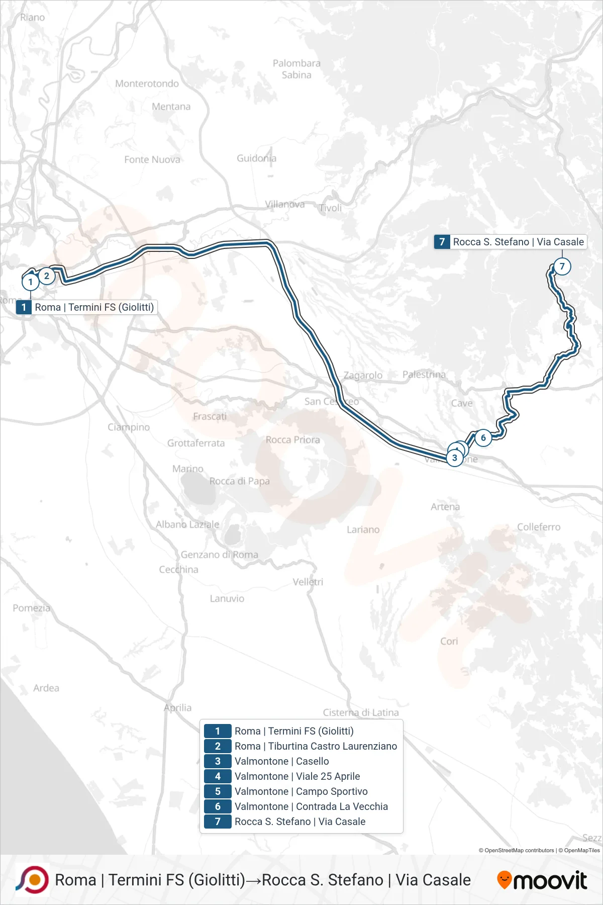 Linea COTRAL bus (Roma | Termini FS (Giolitti)→Rocca S. Stefano | Via Casale) - Percorsi e fermate sulla mappa
