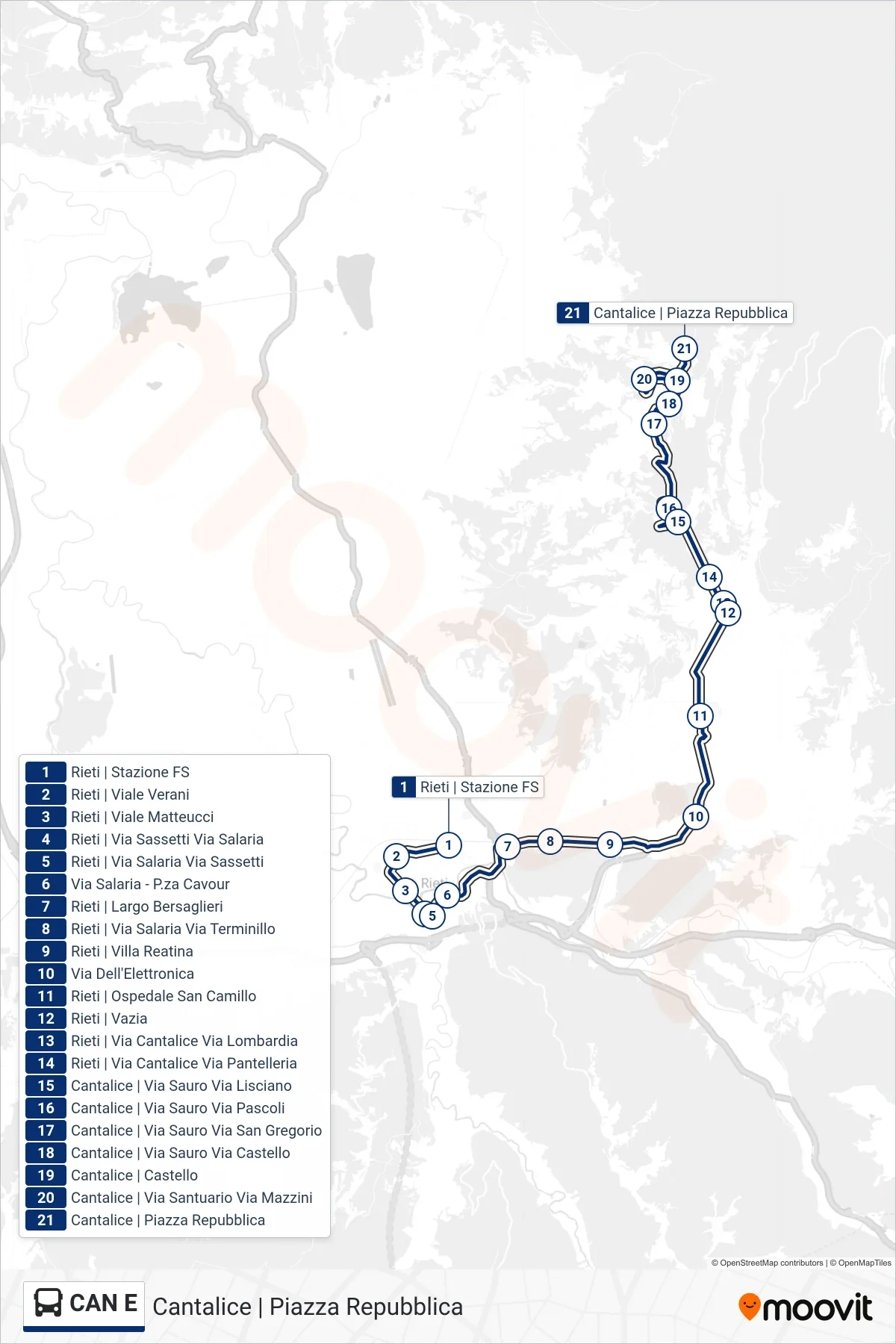 Linea CAN E bus (Cantalice | Piazza Repubblica) - Percorsi e fermate sulla mappa