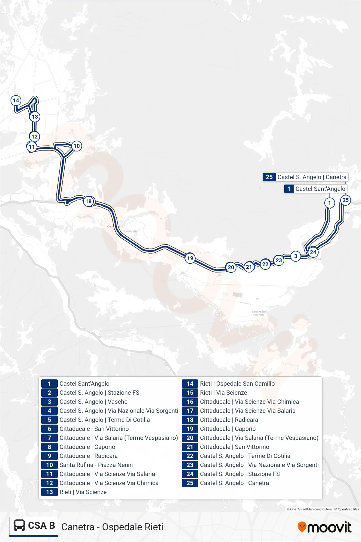 Linea CSA B bus (Cotilia - S. Rufina - Ospedale Rieti - Canetra) - Percorsi e fermate sulla mappa