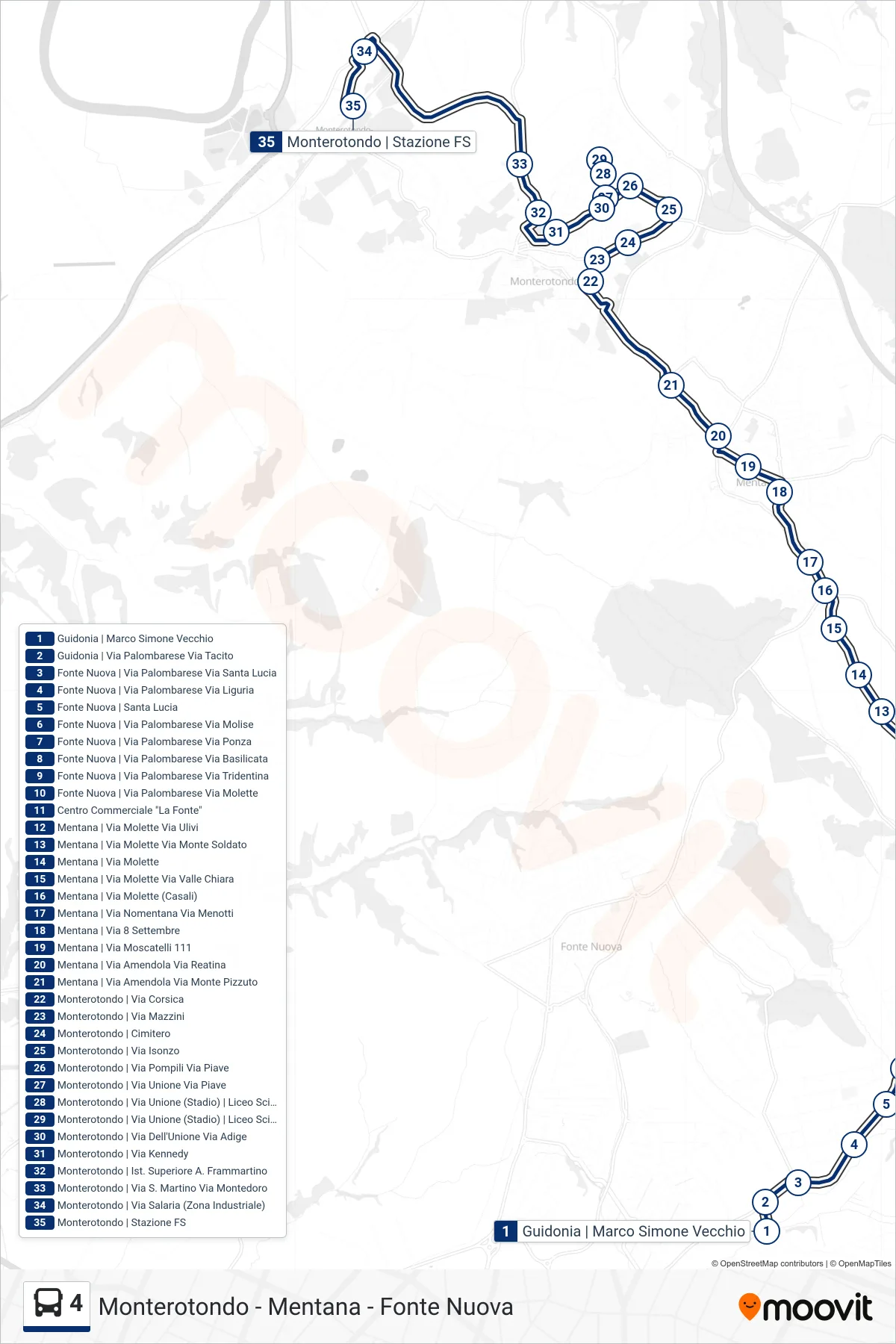 Linea 4 bus (Monterotondo | Stazione FS) - Percorsi e fermate sulla mappa