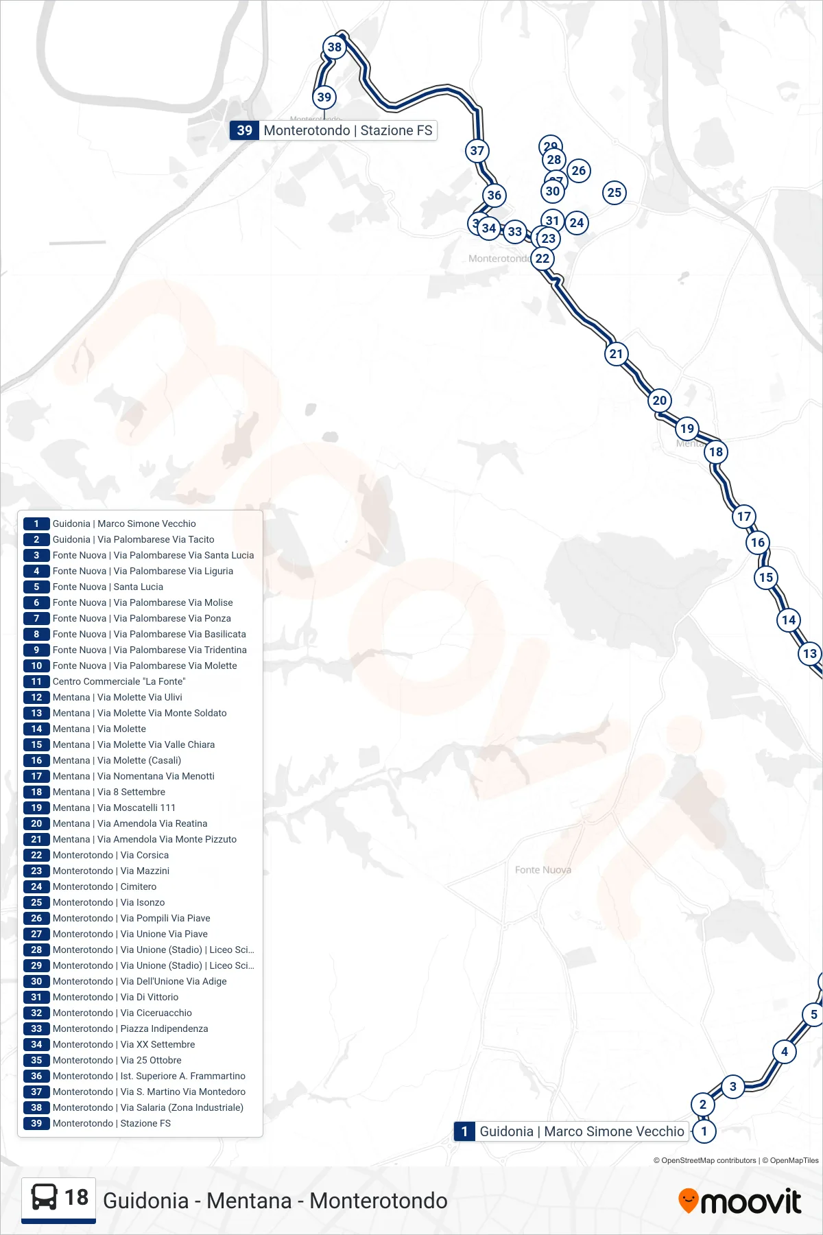 Linea 18 bus (Monterotondo | Stazione FS) - Percorsi e fermate sulla mappa