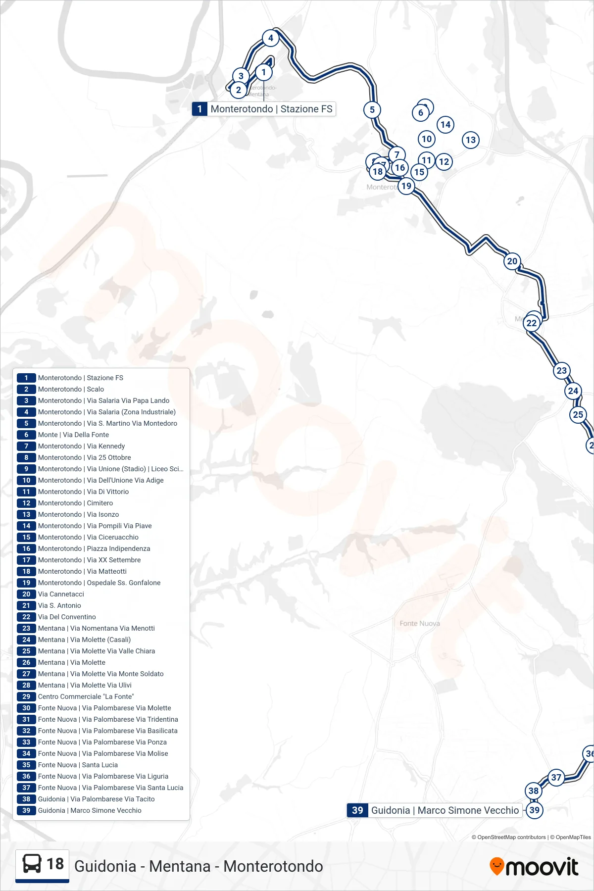 Linea 18 bus (Guidonia | Marco Simone Vecchio) - Percorsi e fermate sulla mappa