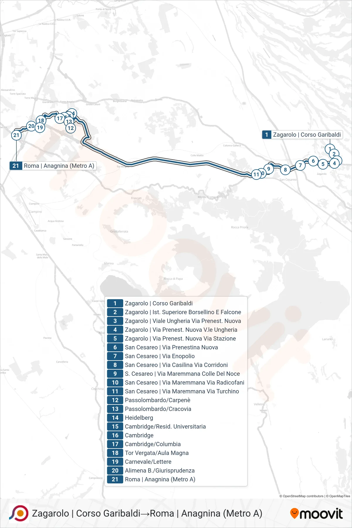 Linea COTRAL bus (Zagarolo | Corso Garibaldi→Roma | Anagnina (Metro A)) - Percorsi e fermate sulla mappa