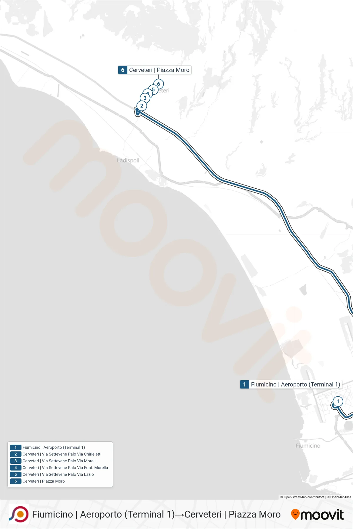 Linea COTRAL bus (Fiumicino | Aeroporto (Terminal 1)→Cerveteri | Piazza Moro) - Percorsi e fermate sulla mappa